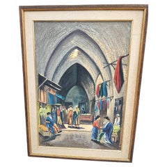 Peinture à l'huile sur toile du milieu du siècle dernier représentant des marchands dans un ancien marché de Jérusalem 