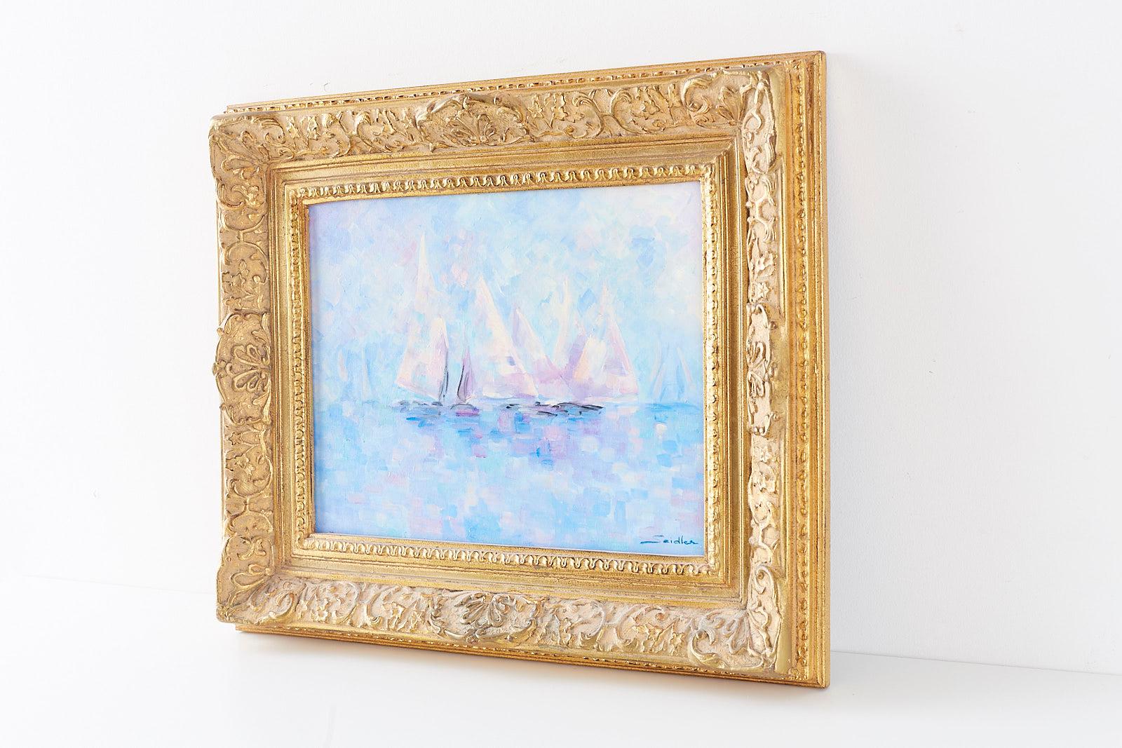 Delightful Mid-Century Modern painting of sailboats set in a thick giltwood frame. Oil on canvas in lovely pastel colors. Art measures 17.5 inches wide by 13.5 inches high. Painting is signed 