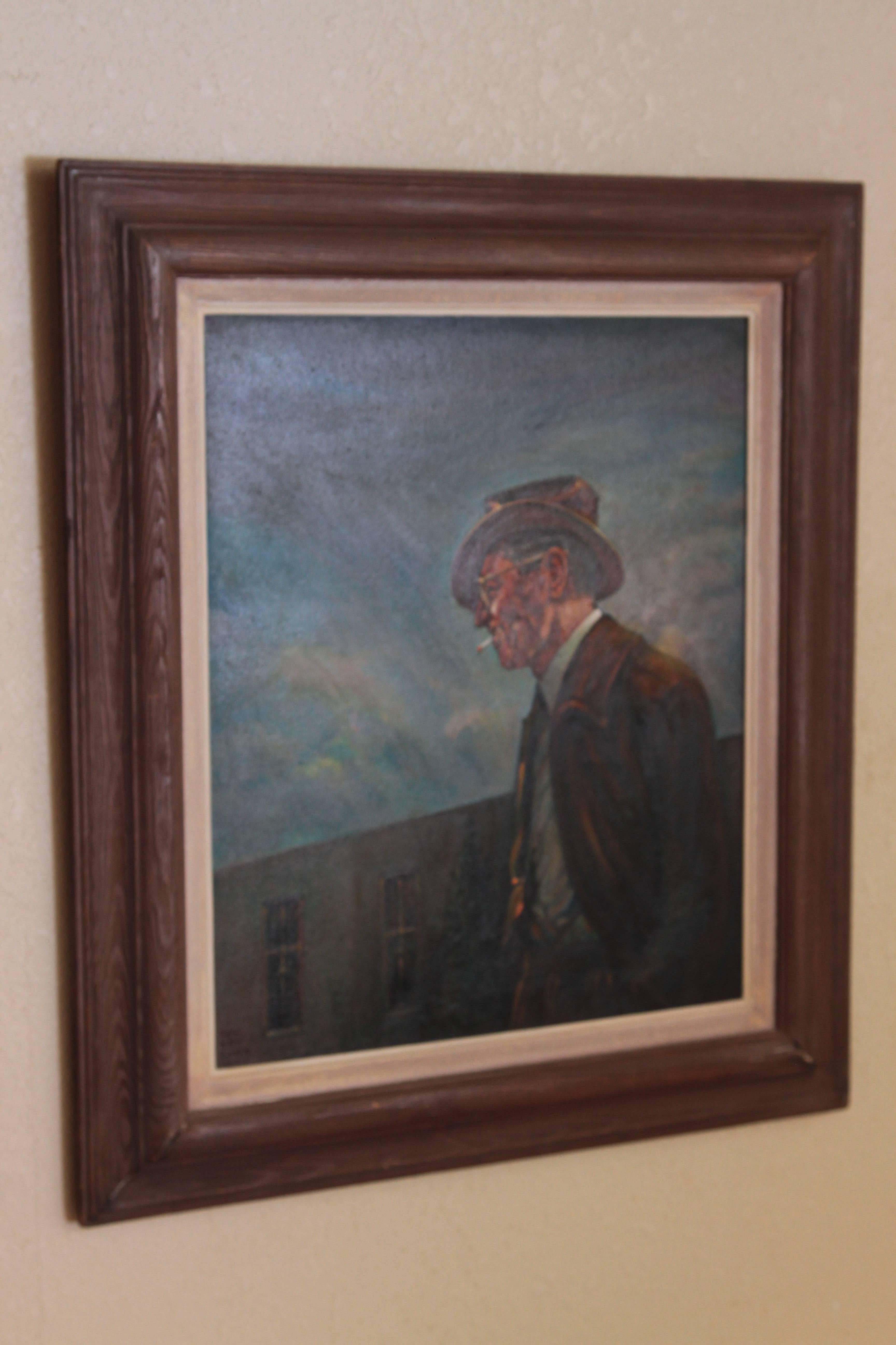 Midcentury oil on canvas portrait of Jerry Bywater’s Dallas Museum of Art by Tom Van Buren

Portrait of important Texas Regionalist Bywaters by his student Tom Van Buren, circa 1950s.
Bywaters, one of the noted 
