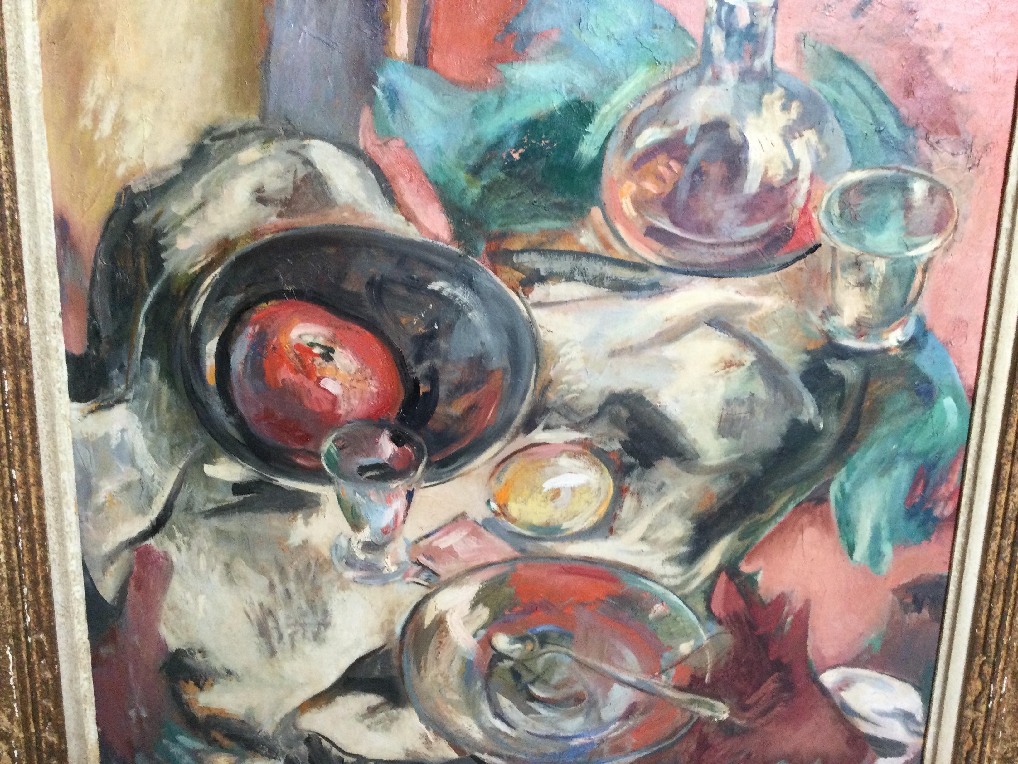 Great looking midcentury still life oil painting on canvas. Vibrant slightly abstract painting of fruit and glassware on a draped surface. Original scrubbed gilt frame. Signed Salcia Bahre on back.