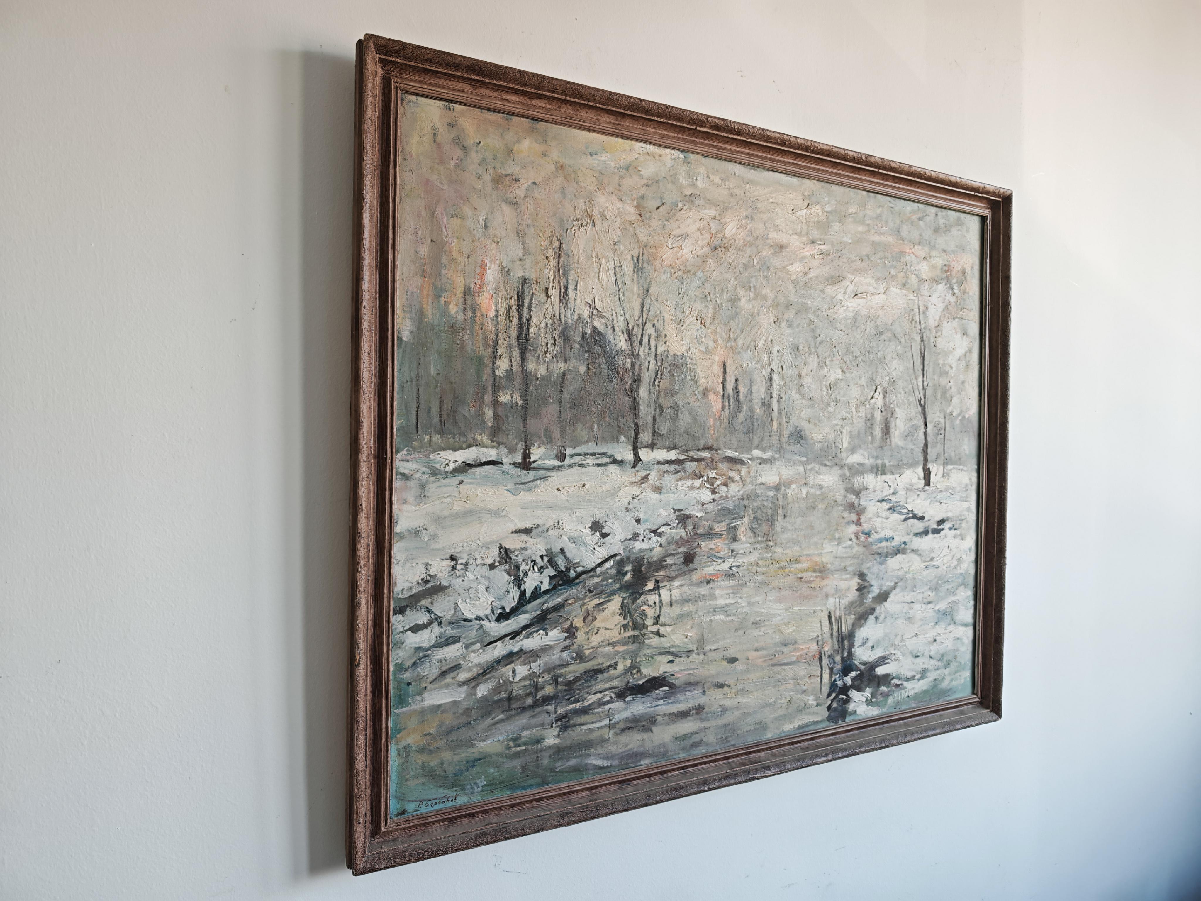 Mid Century Oil on Canvas, Winter Scene, signed P. Barbokov en vente 3