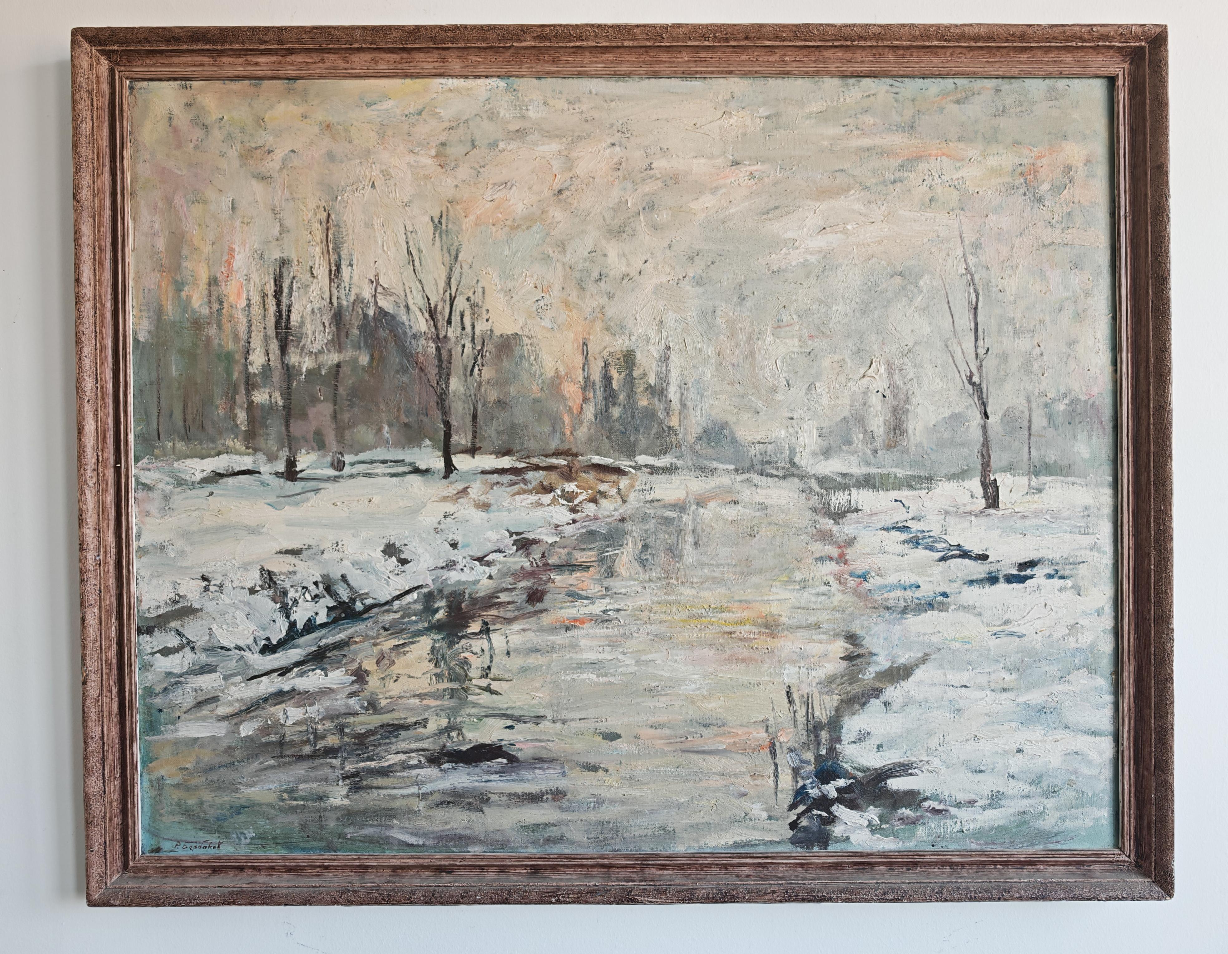 In this listing you wil find a stunning impressionist painting with an intimate and energetic portrayal of the scene. The artwork depicts a serene winter landscape featuring a snowy bank, a partially frozen river, and bare trees in the distance,