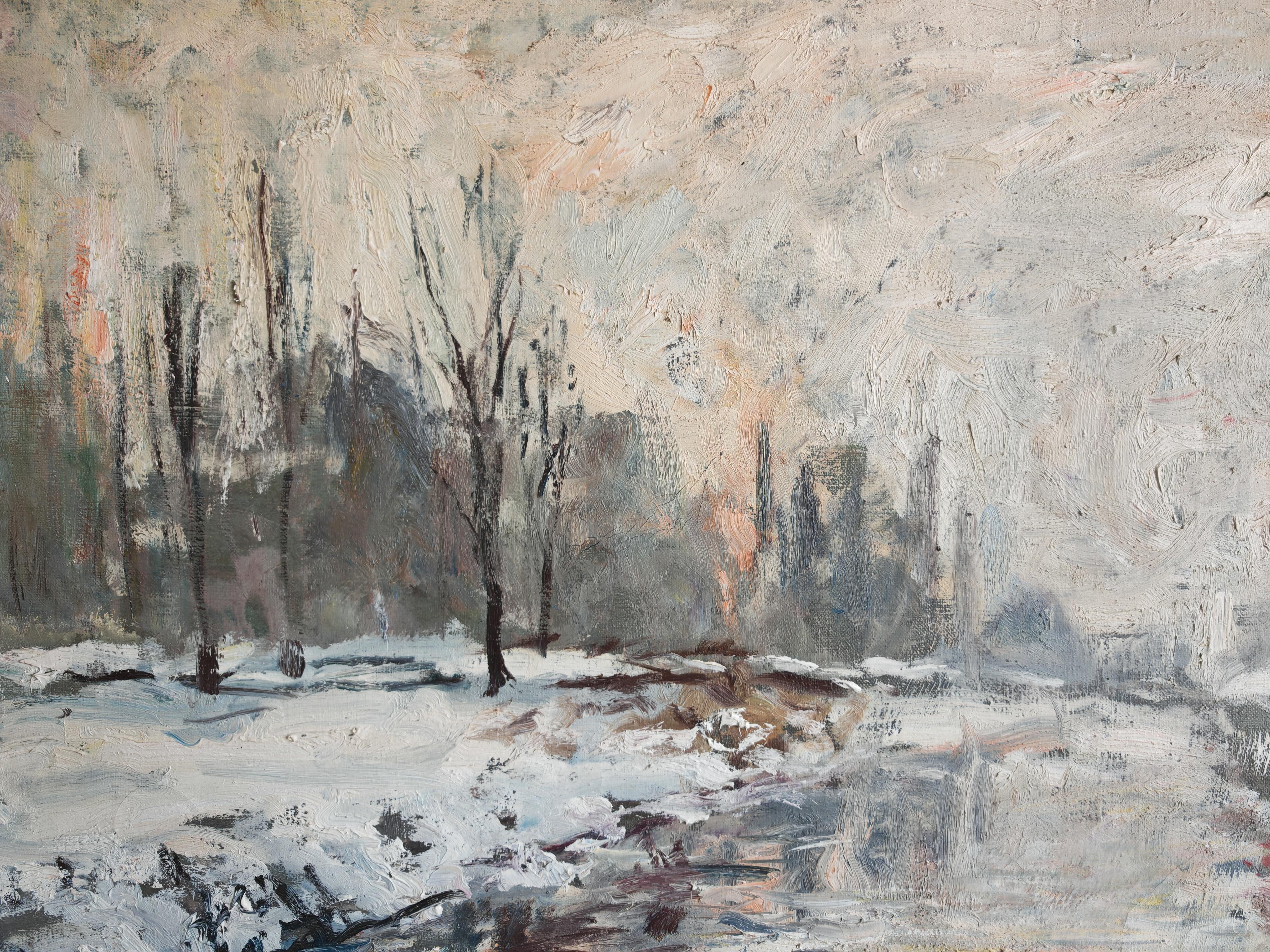Mid-Century Modern Mid Century Oil on Canvas, Winter Scene, signed P. Barbokov en vente