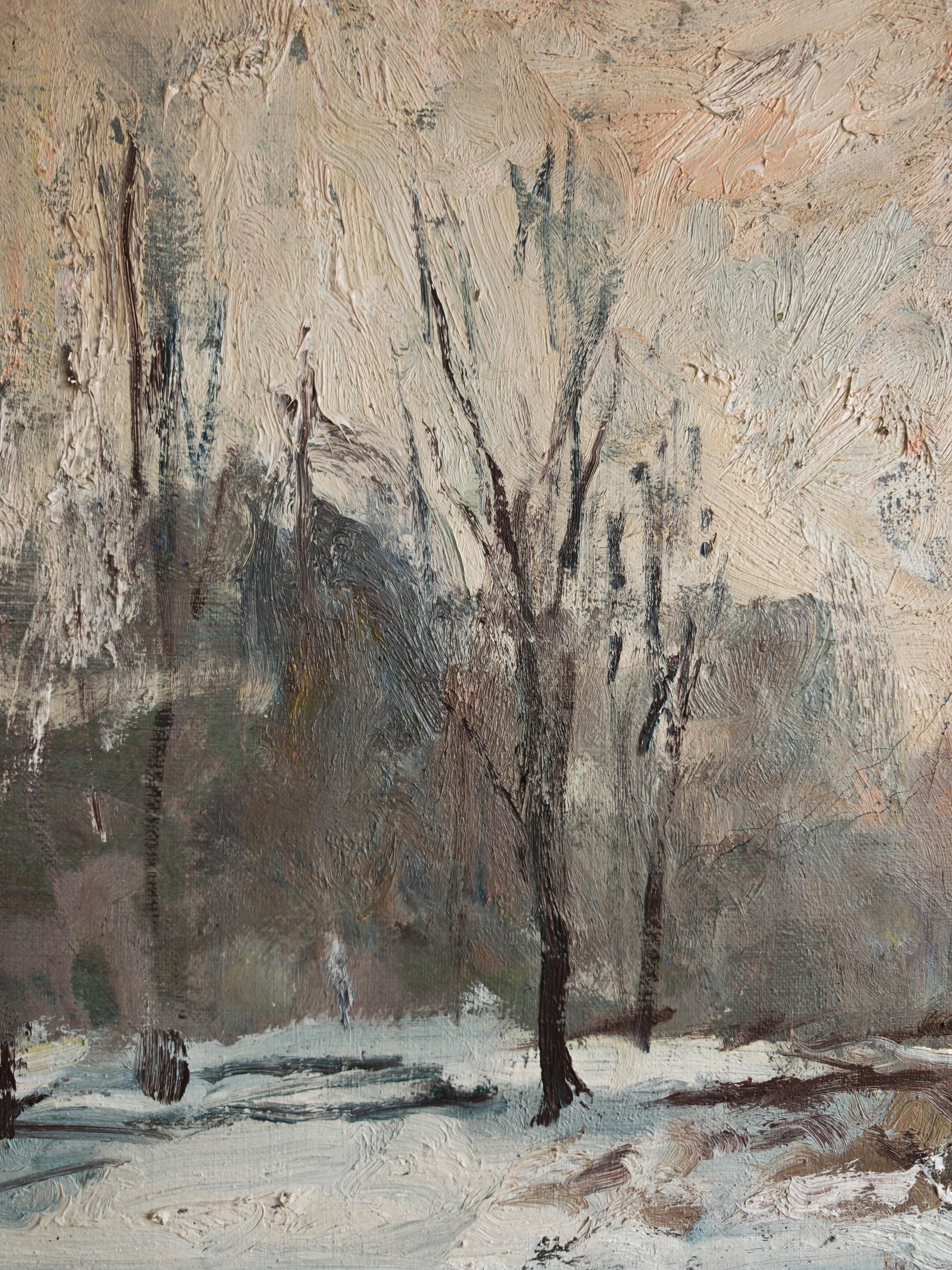 Milieu du XXe siècle Mid Century Oil on Canvas, Winter Scene, signed P. Barbokov en vente