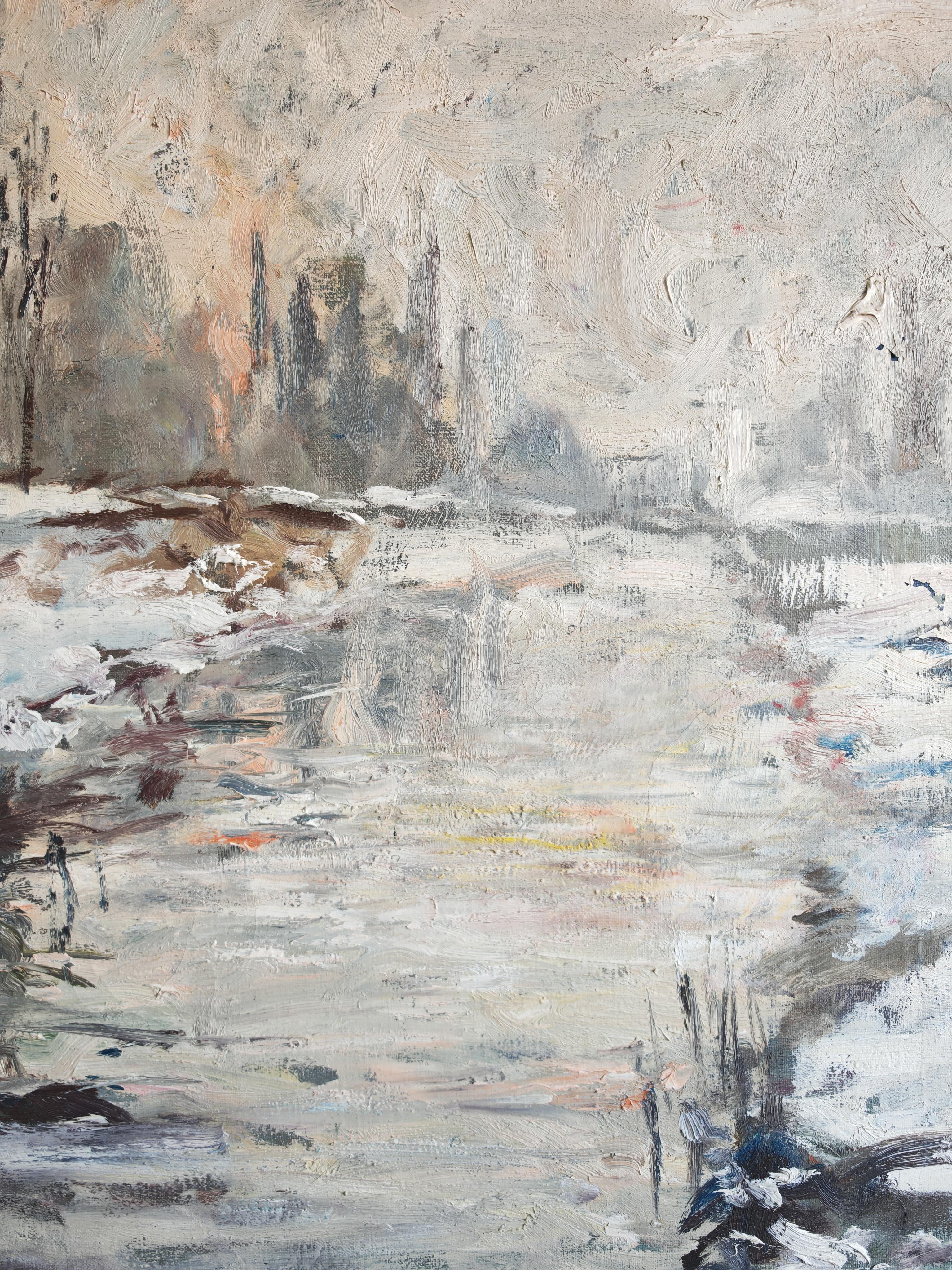 Toile Mid Century Oil on Canvas, Winter Scene, signed P. Barbokov en vente