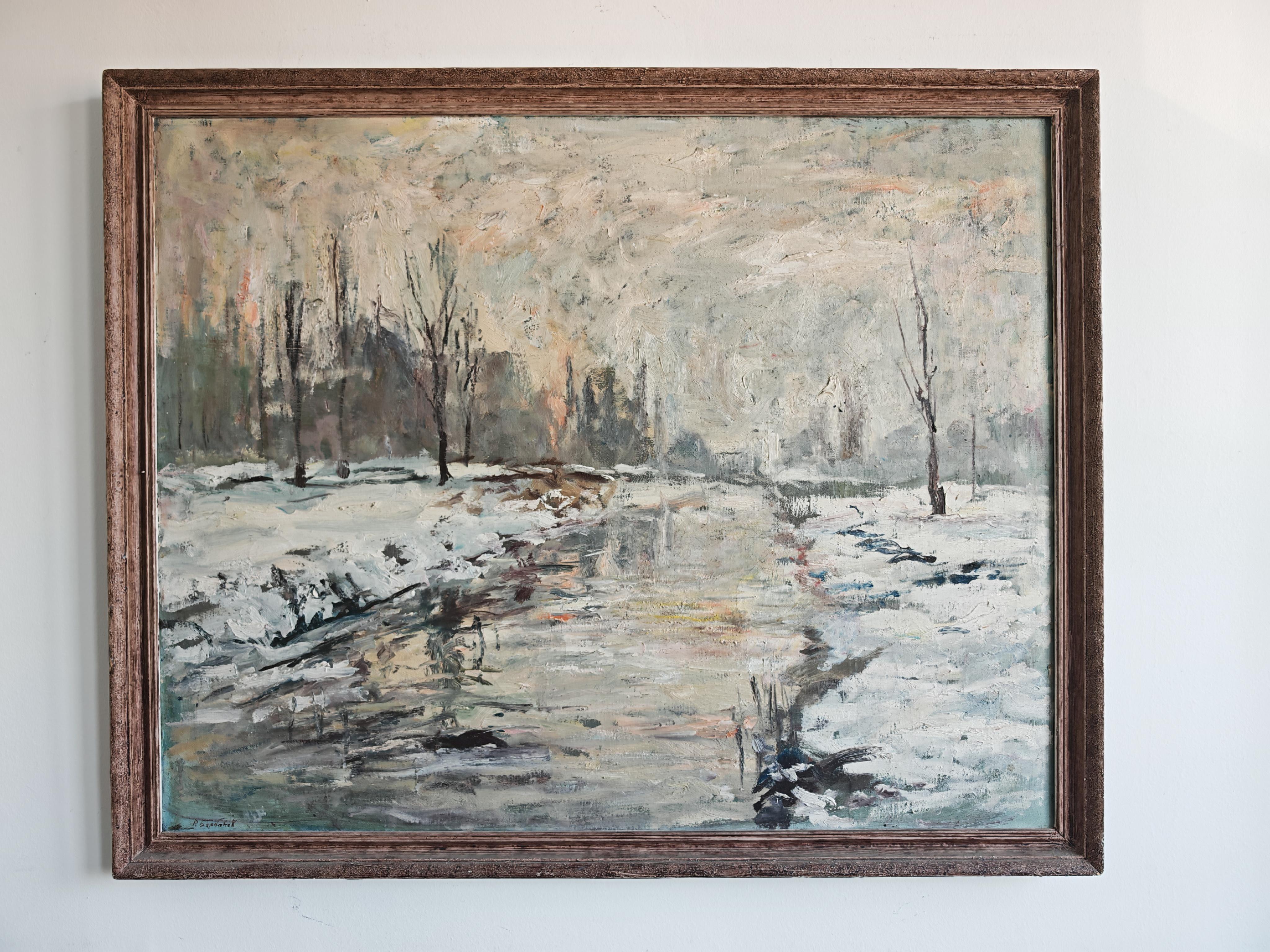 Mid Century Oil on Canvas, Winter Scene, signed P. Barbokov en vente 1