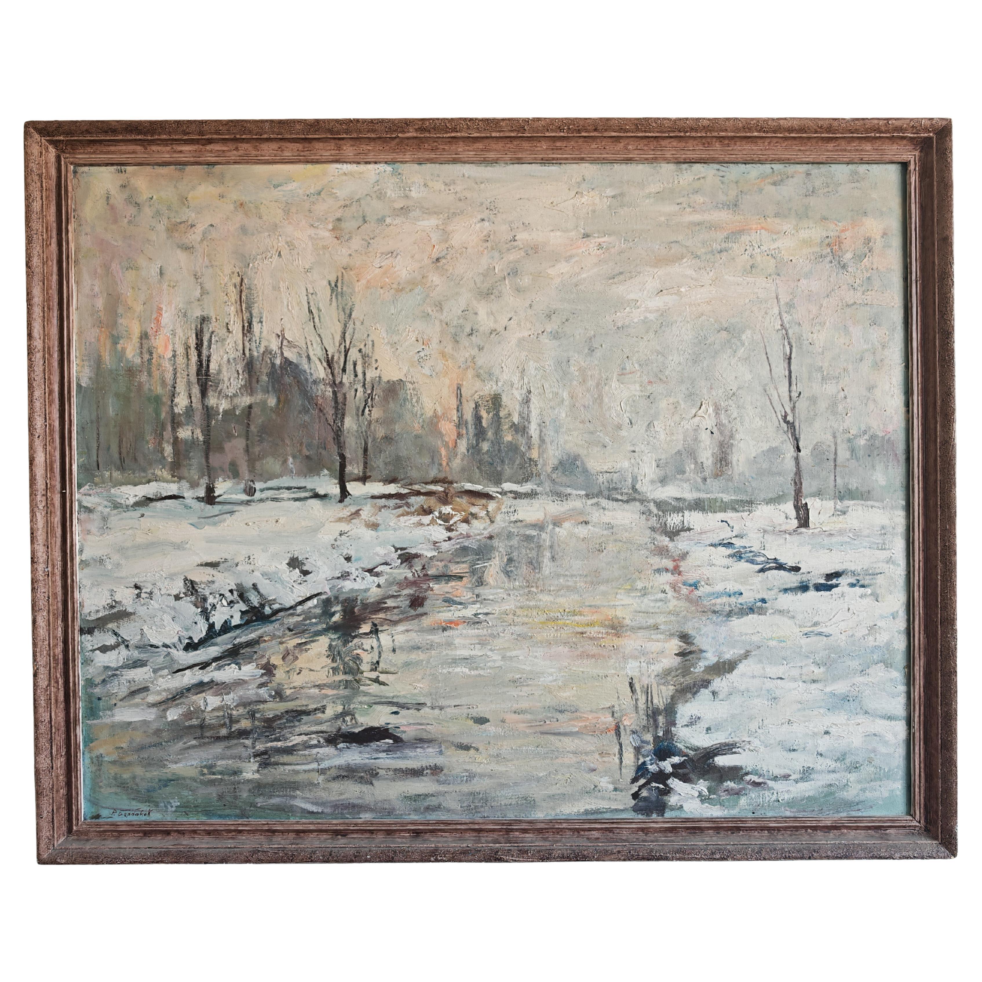 Mid Century Oil on Canvas, Winter Scene, signed P. Barbokov