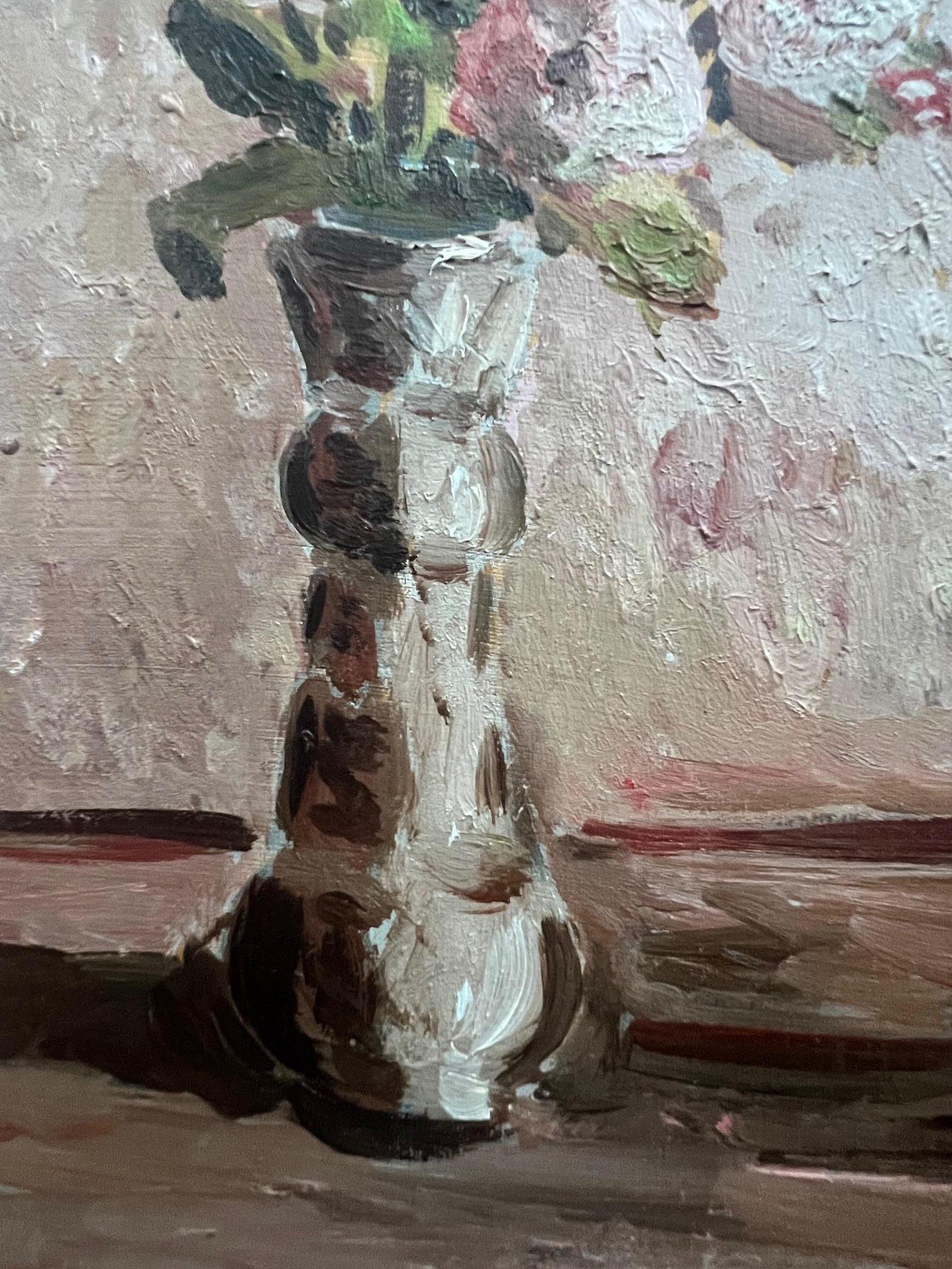 Espressionista Olio su pannello della metà del secolo scorso - Natura morta floreale Firmato dall'artista