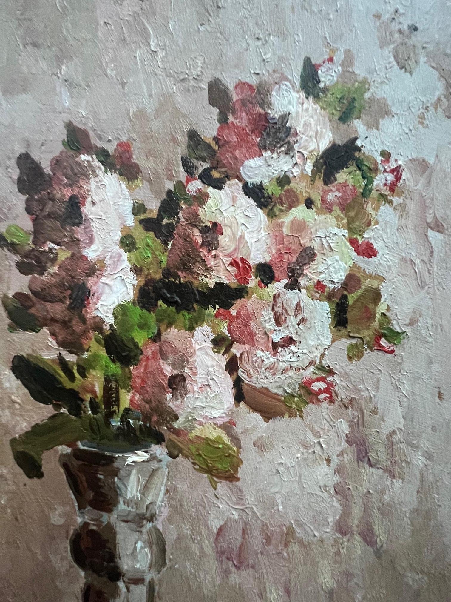 Sconosciuto Olio su pannello della metà del secolo scorso - Natura morta floreale Firmato dall'artista