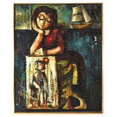 Mid Century Oil Painting Aldolfo De Ferrari Ferrari Female Figure with Sailboat