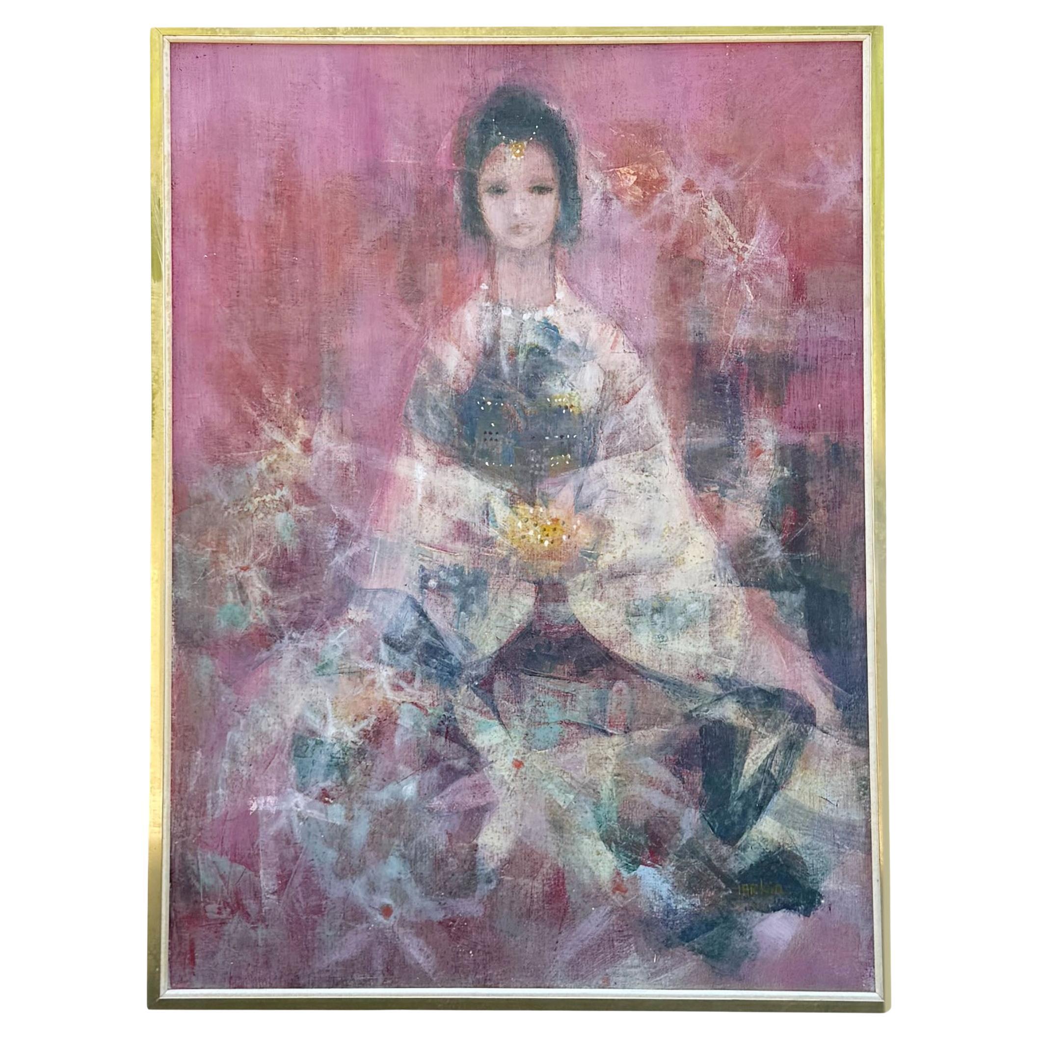 Mid Century Oil Painting by Larkin A Portrait of an Indian Girl