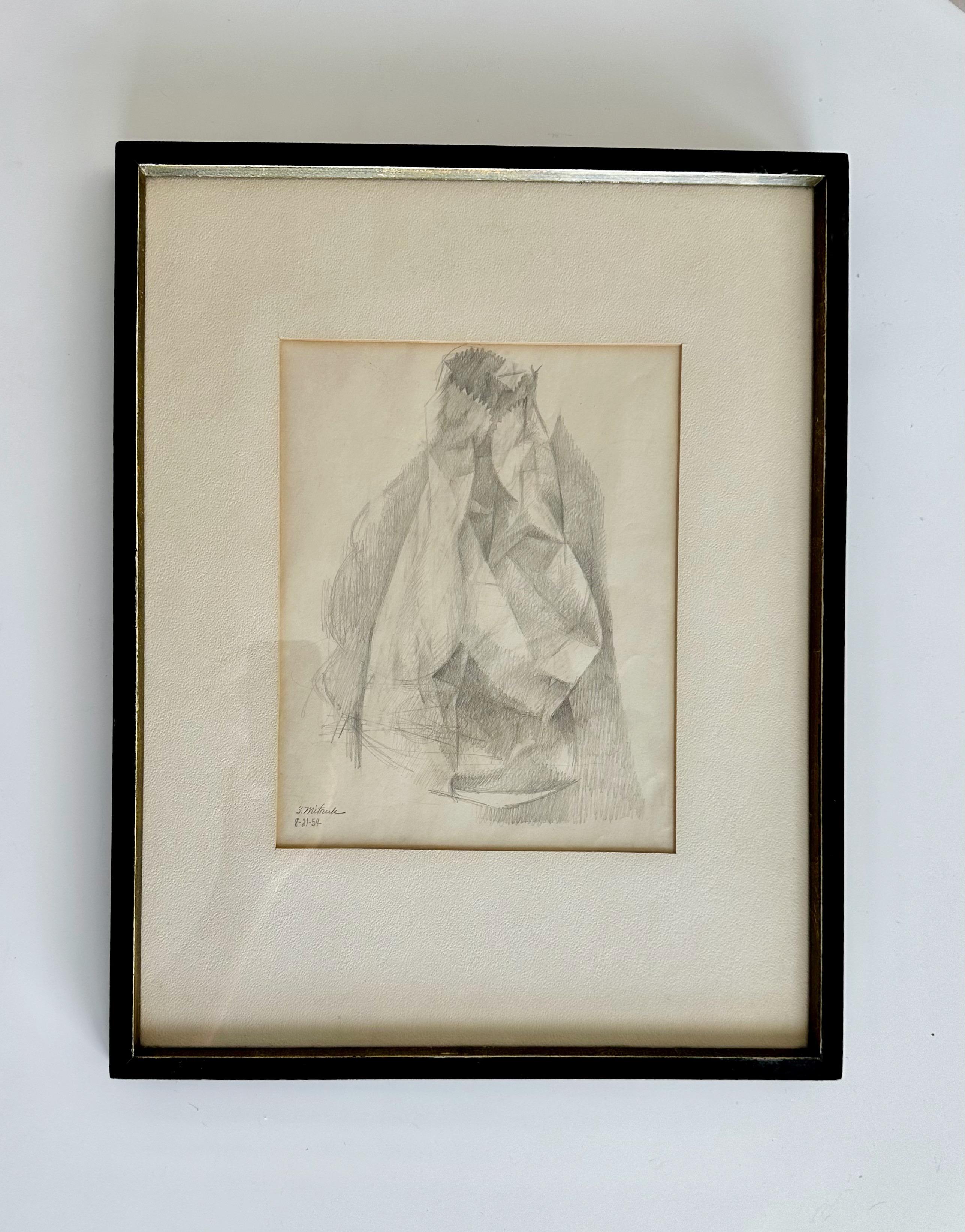 Dibujo abstracto a lápiz de mediados de siglo, enmarcado y con paspartú, firmado por el renombrado artista S. Mitruk y fechado el 21/8/57, el dibujo mide 8