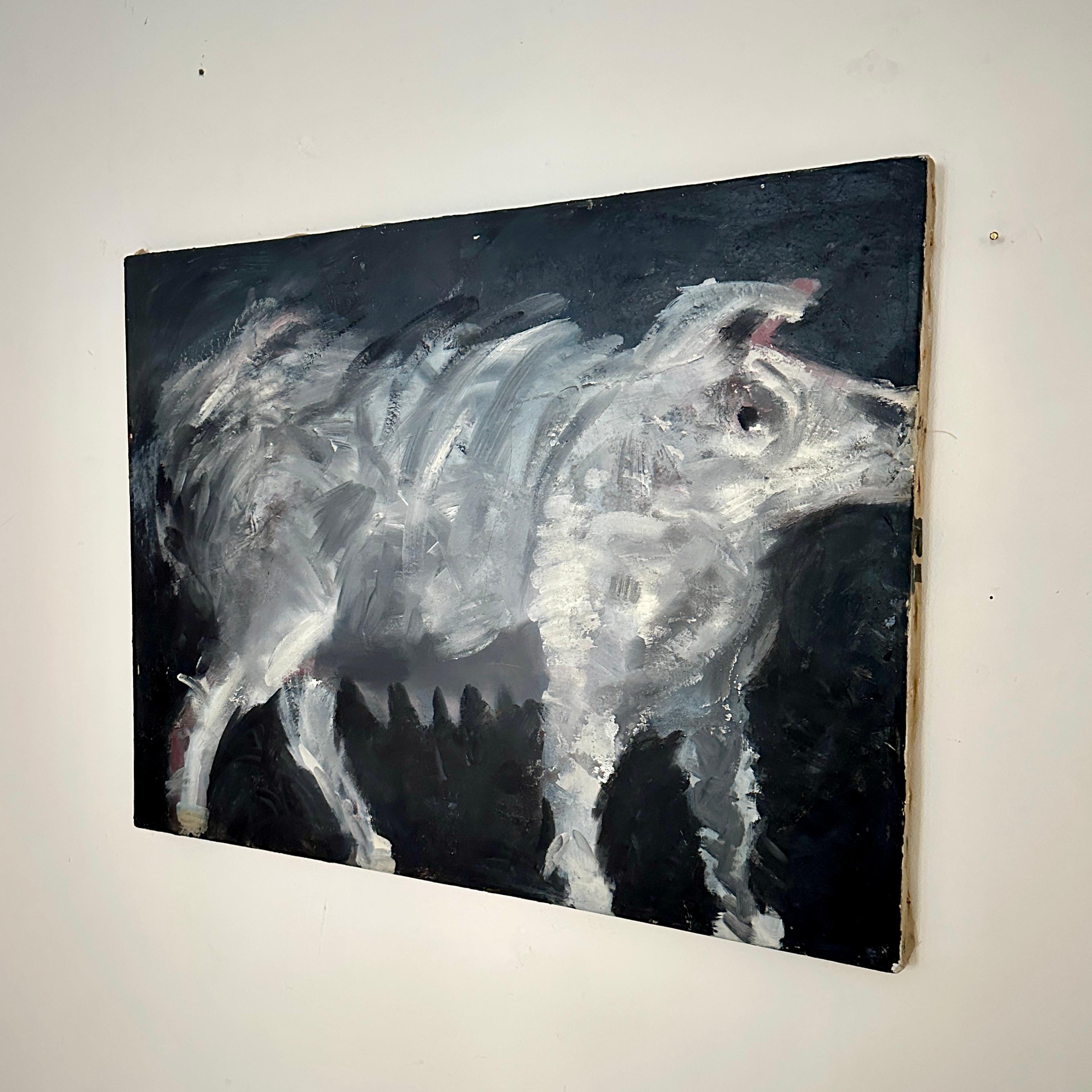 This mid-century oil painting from around 1974 presents a striking black-and-white portrayal of a pig, rendered with bold contrast and expressive brushwork. The monochromatic palette lends the subject a graphic intensity, emphasizing form, shadow,