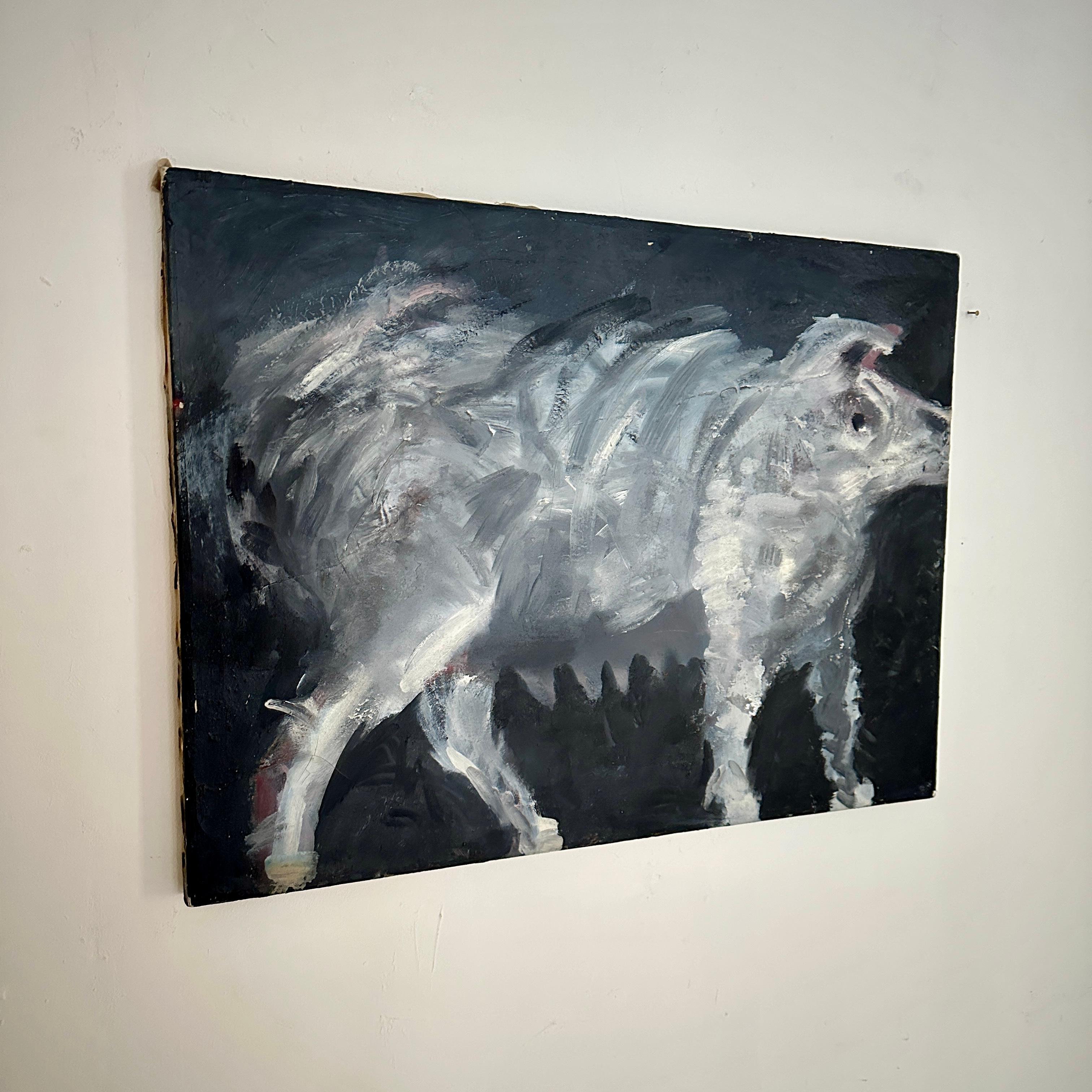 Mid Century Oil Painting of a Pig in Black and White, around 1974 For Sale 1