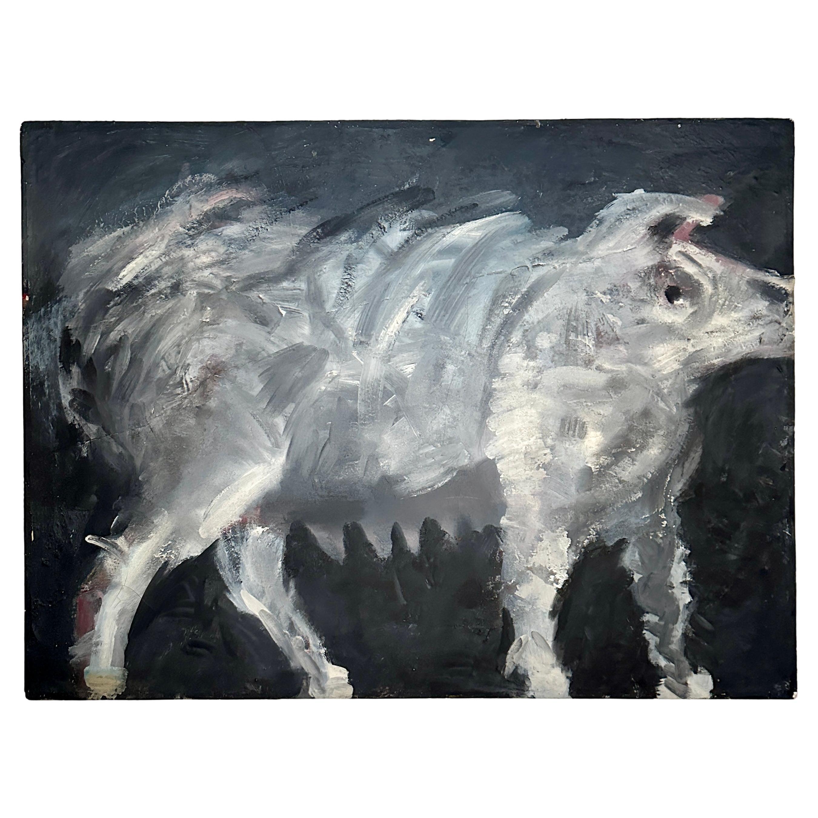 Mid Century Oil Painting of a Pig in Black and White, around 1974