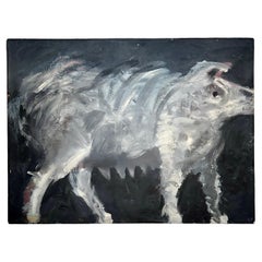 Pintura al óleo de mediados de siglo de un cerdo en blanco y negro, hacia 1974