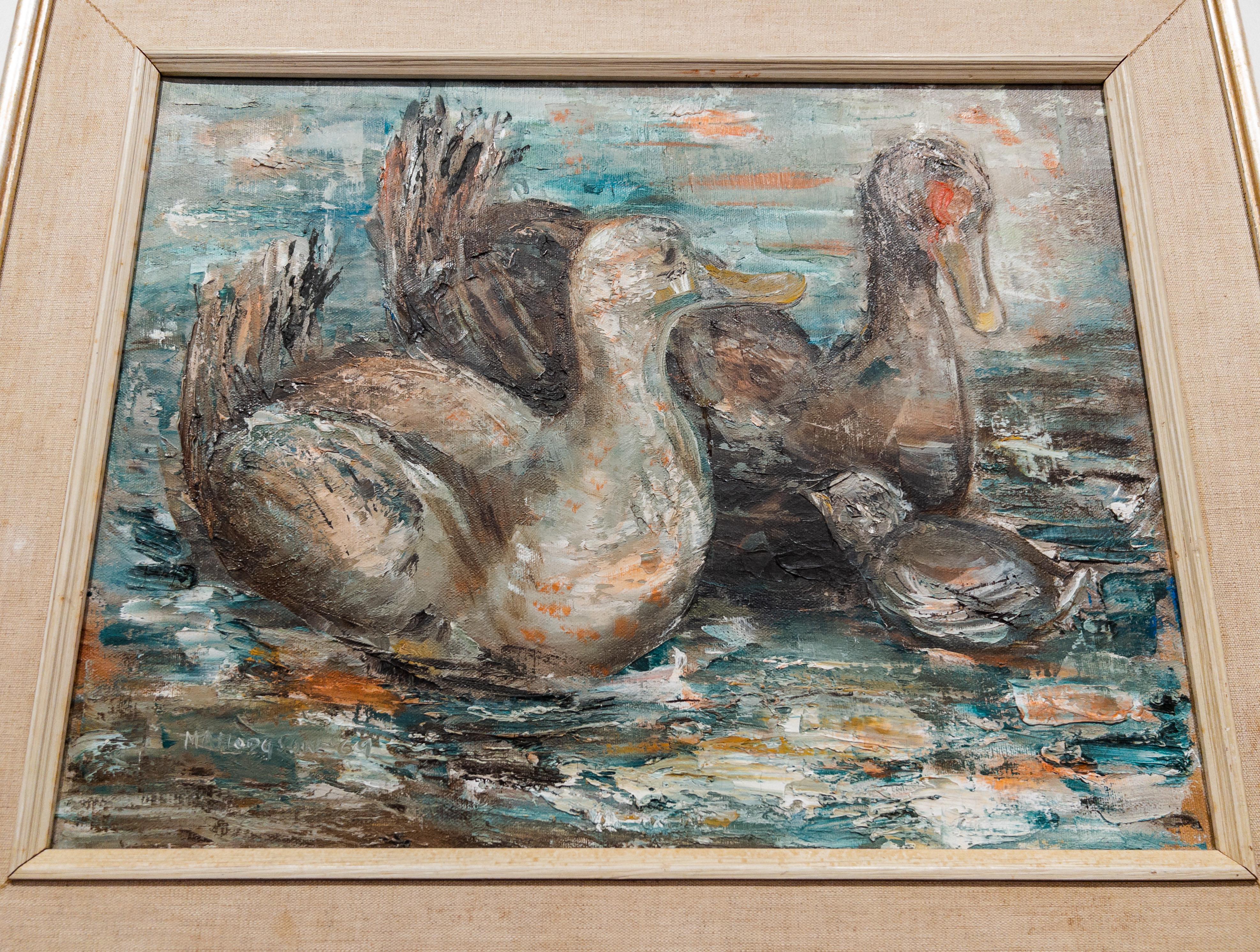 Mid Century Oil Painting of Ducks In Good Condition For Sale In Houston, TX