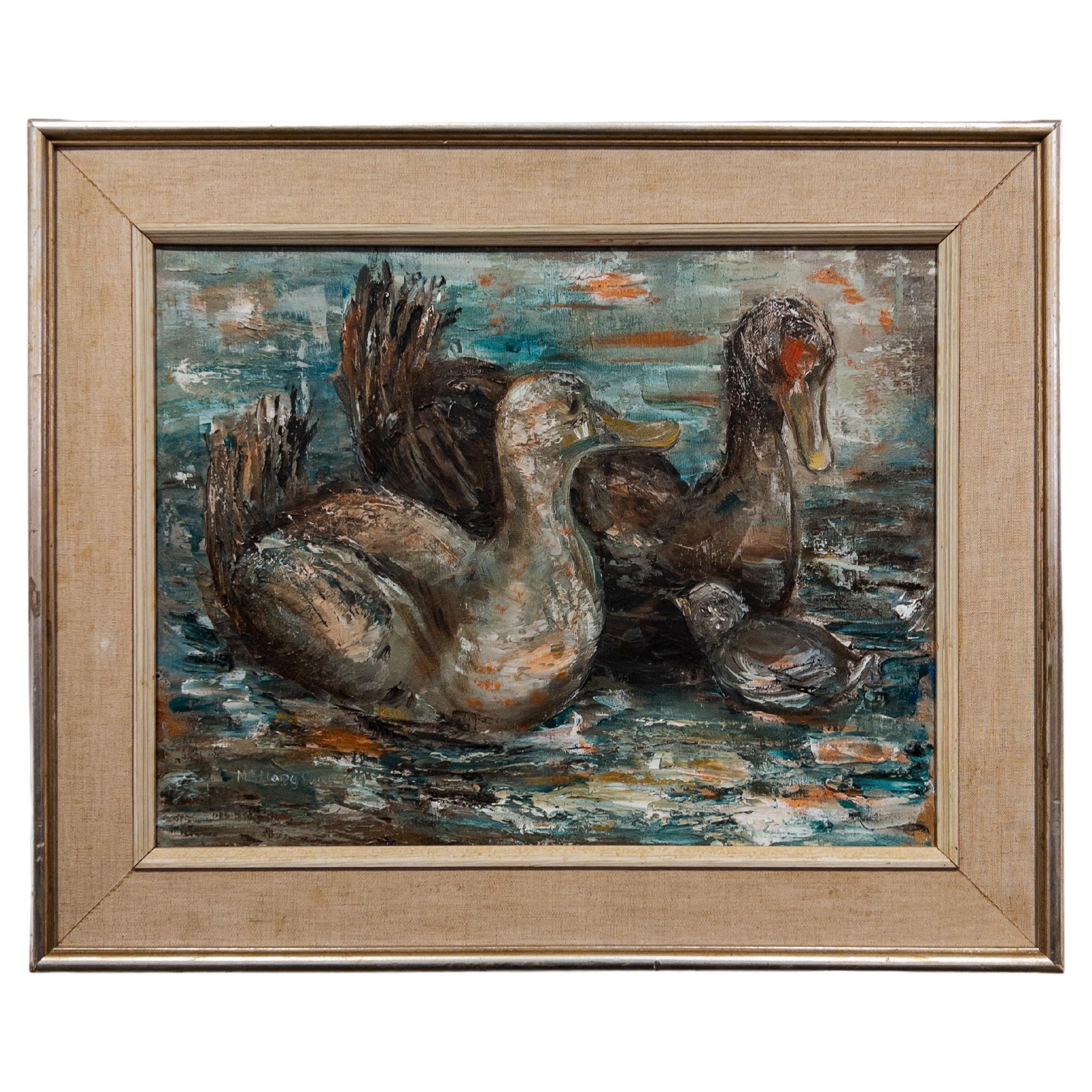 Mid Century Oil Painting of Ducks For Sale