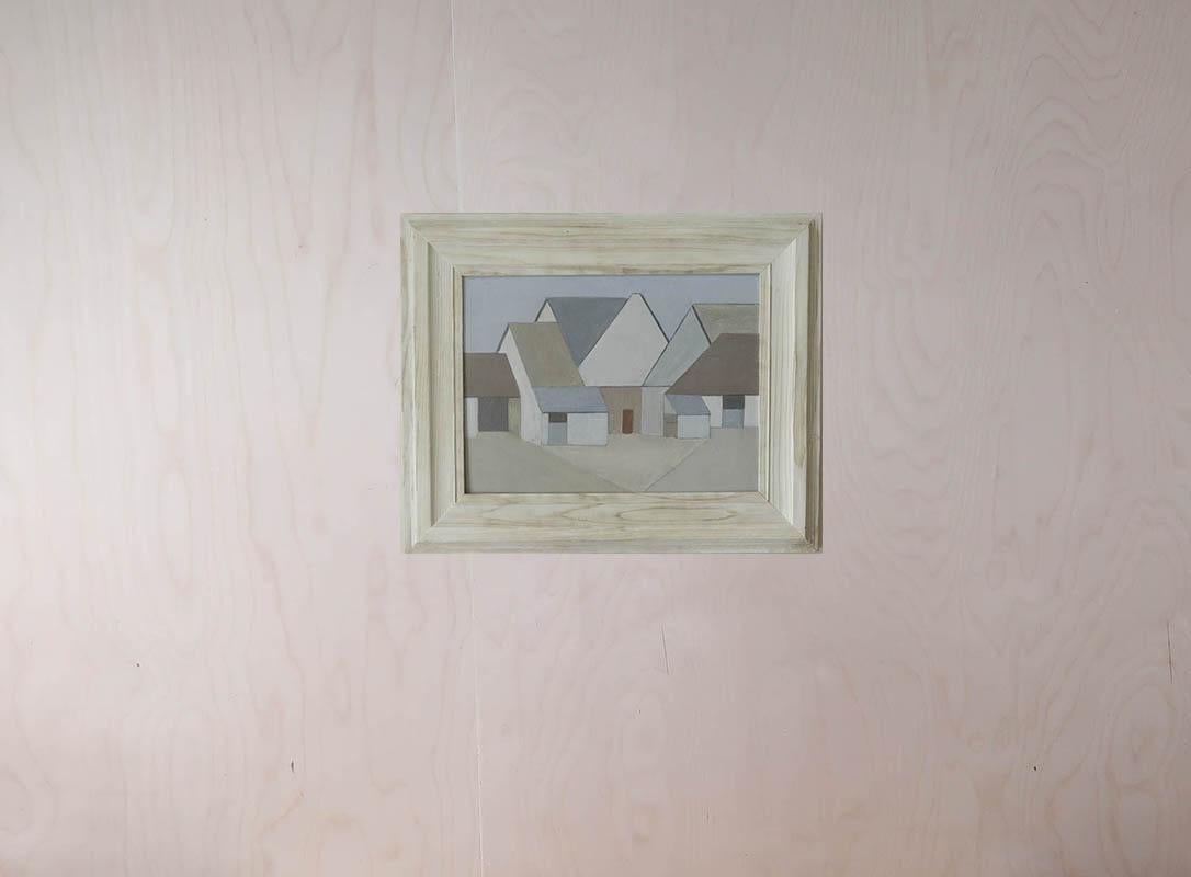 English Mid-Century Oil Painting of Farm Buildings By Priscilla Dimsdale For Sale