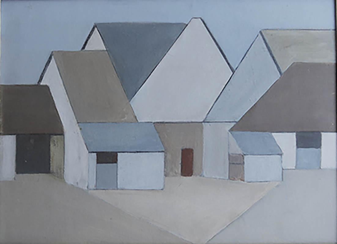 Mid-Century Modern Mid-Century Oil Painting of Farm Buildings By Priscilla Dimsdale For Sale