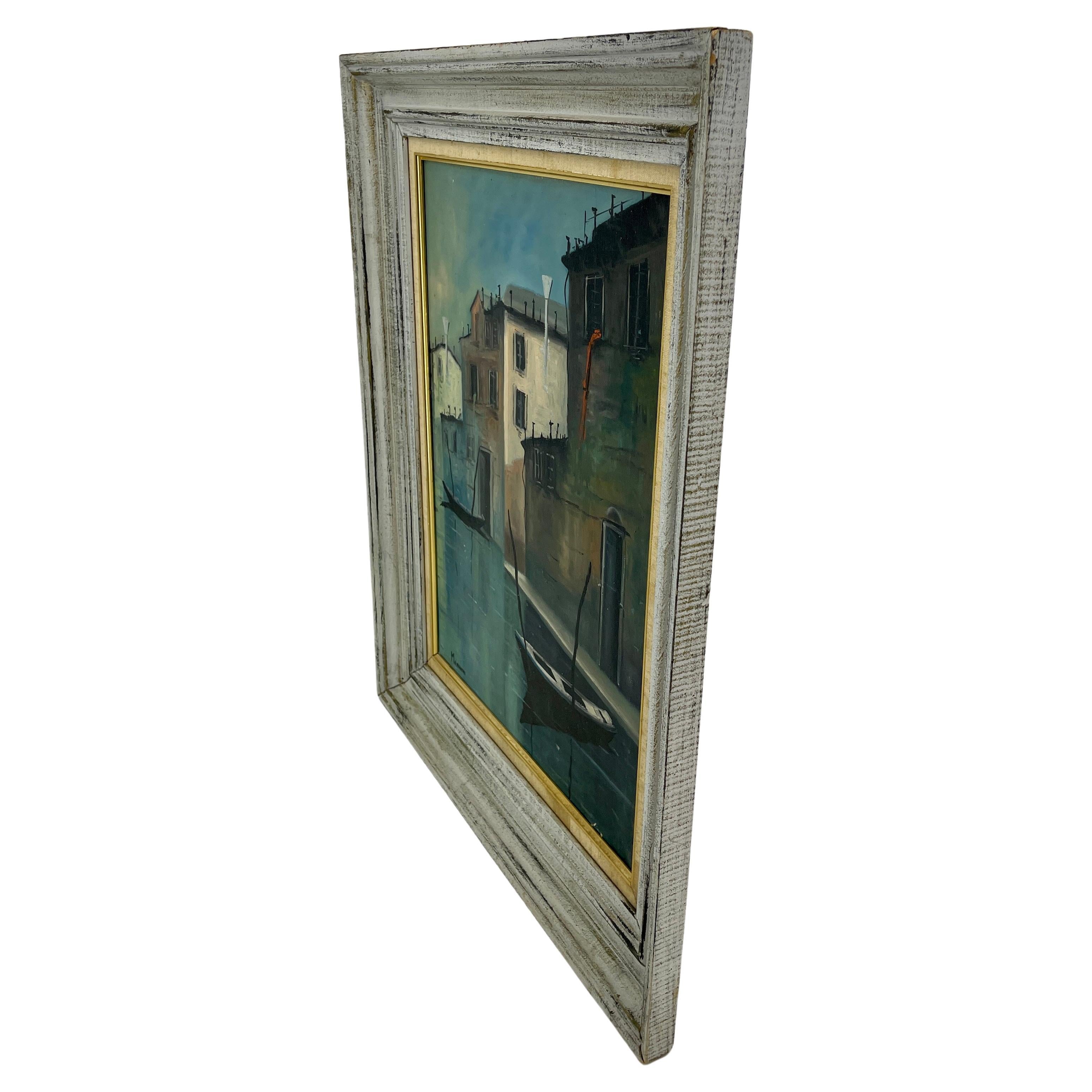 Romantic Mid-Century Oil Painting of Venetian Canal Scene by Menghini, Italy