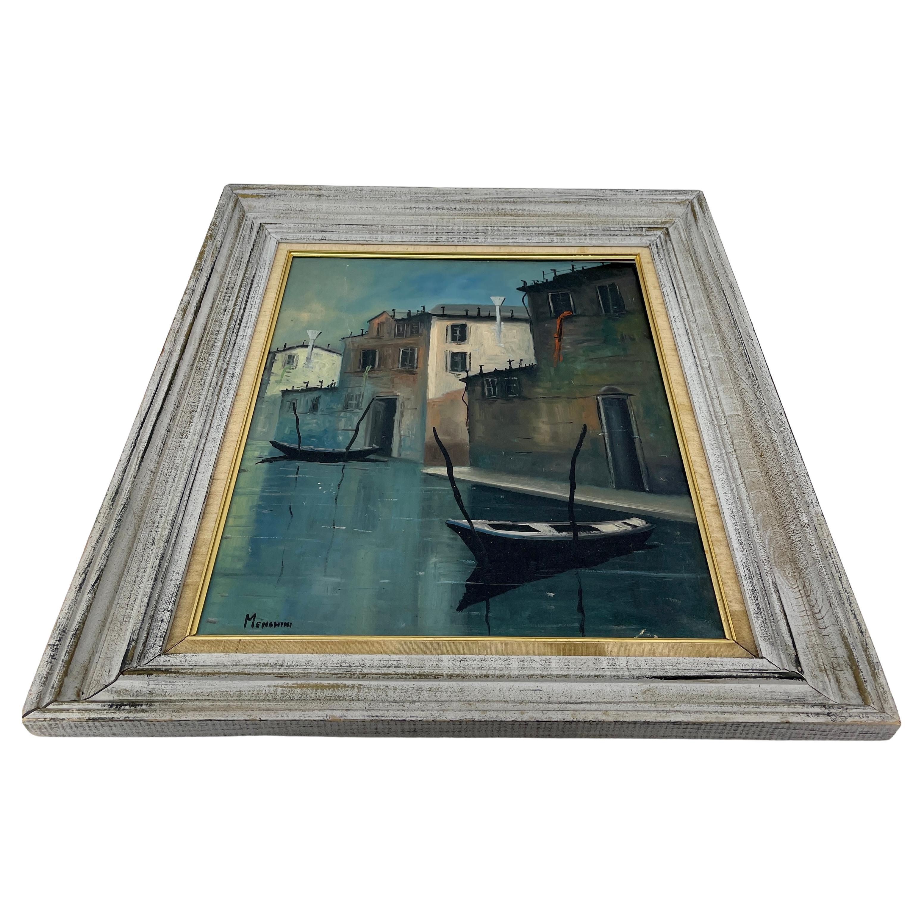 Italian Mid-Century Oil Painting of Venetian Canal Scene by Menghini, Italy