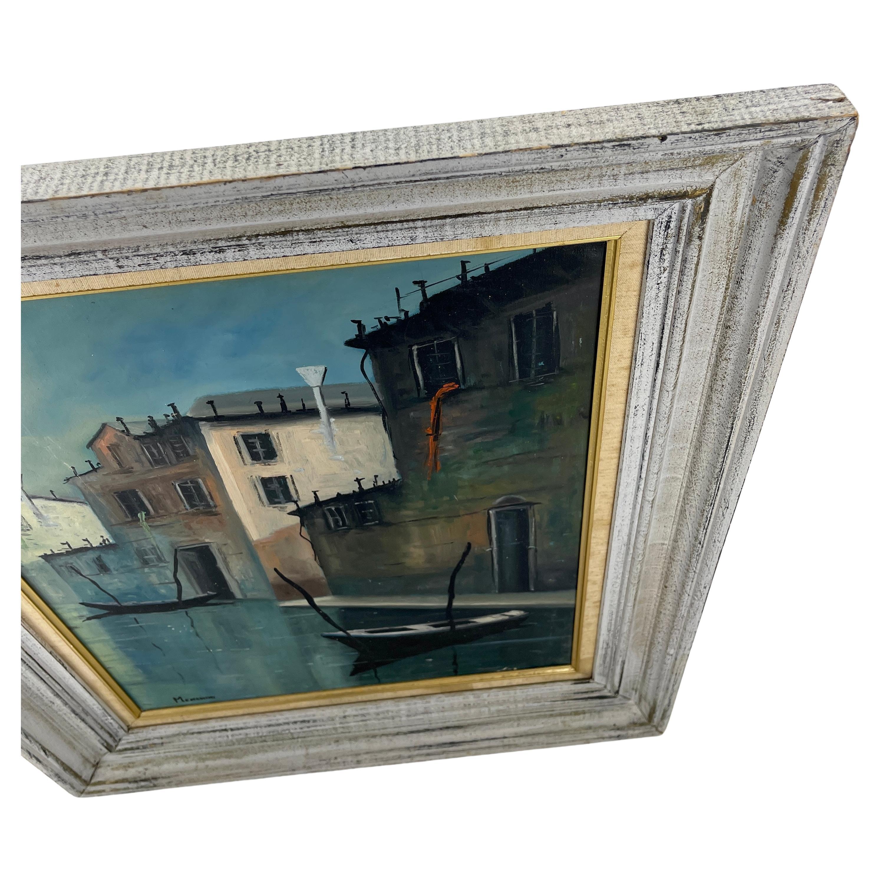 Painted Mid-Century Oil Painting of Venetian Canal Scene by Menghini, Italy