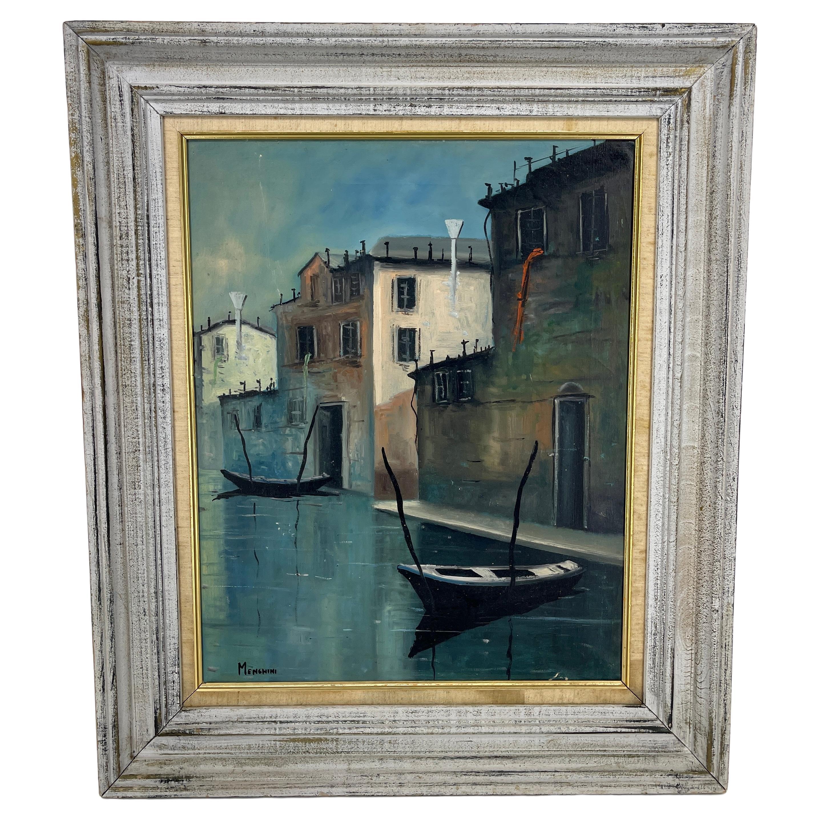 Mid-Century Oil Painting of Venetian Canal Scene by Menghini, Italy