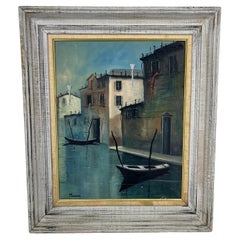 Midcentury Oil Painting of Venetian Canal Scene by Menghini, Italy