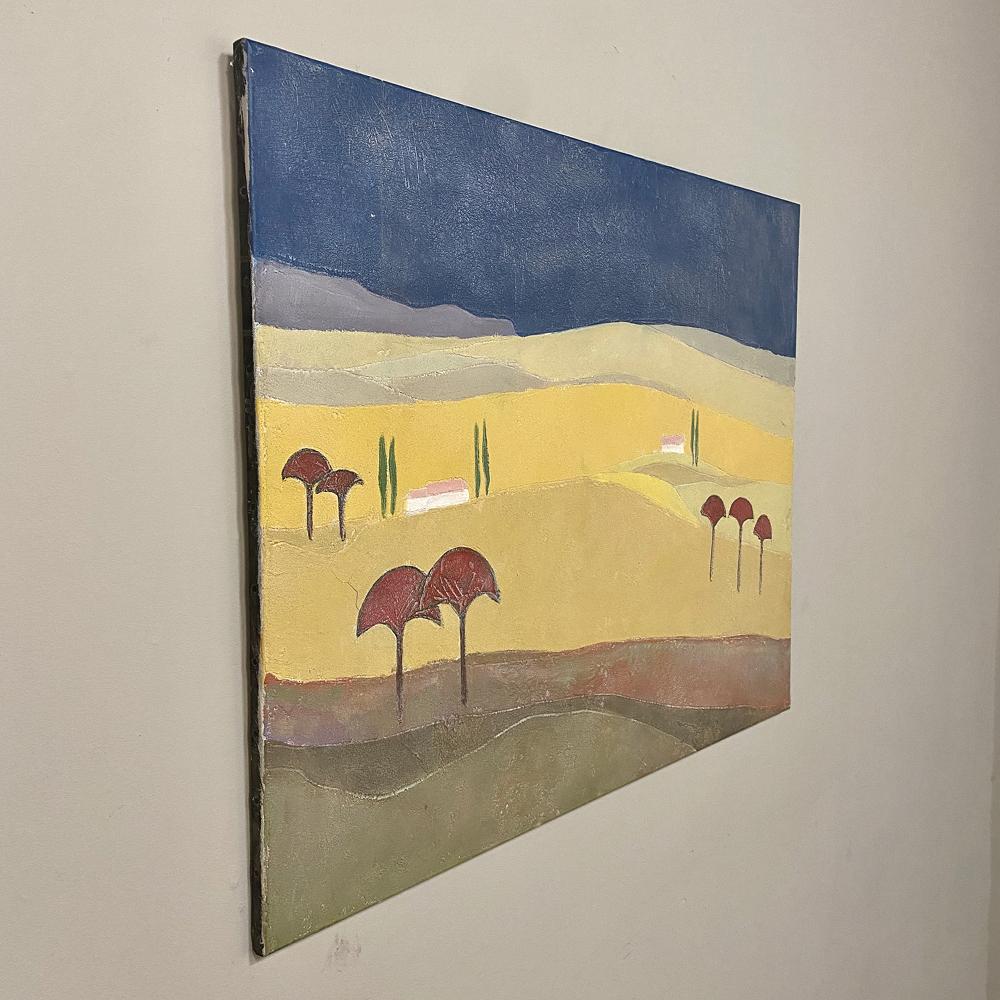 Midcentury oil painting on canvas by Fouat Michel is a splendid example of the artist's work, with a Minimalist influence in the design countered by bold contrast using somewhat subdued earth tones to create an intriguing, fantastic landscape. Note