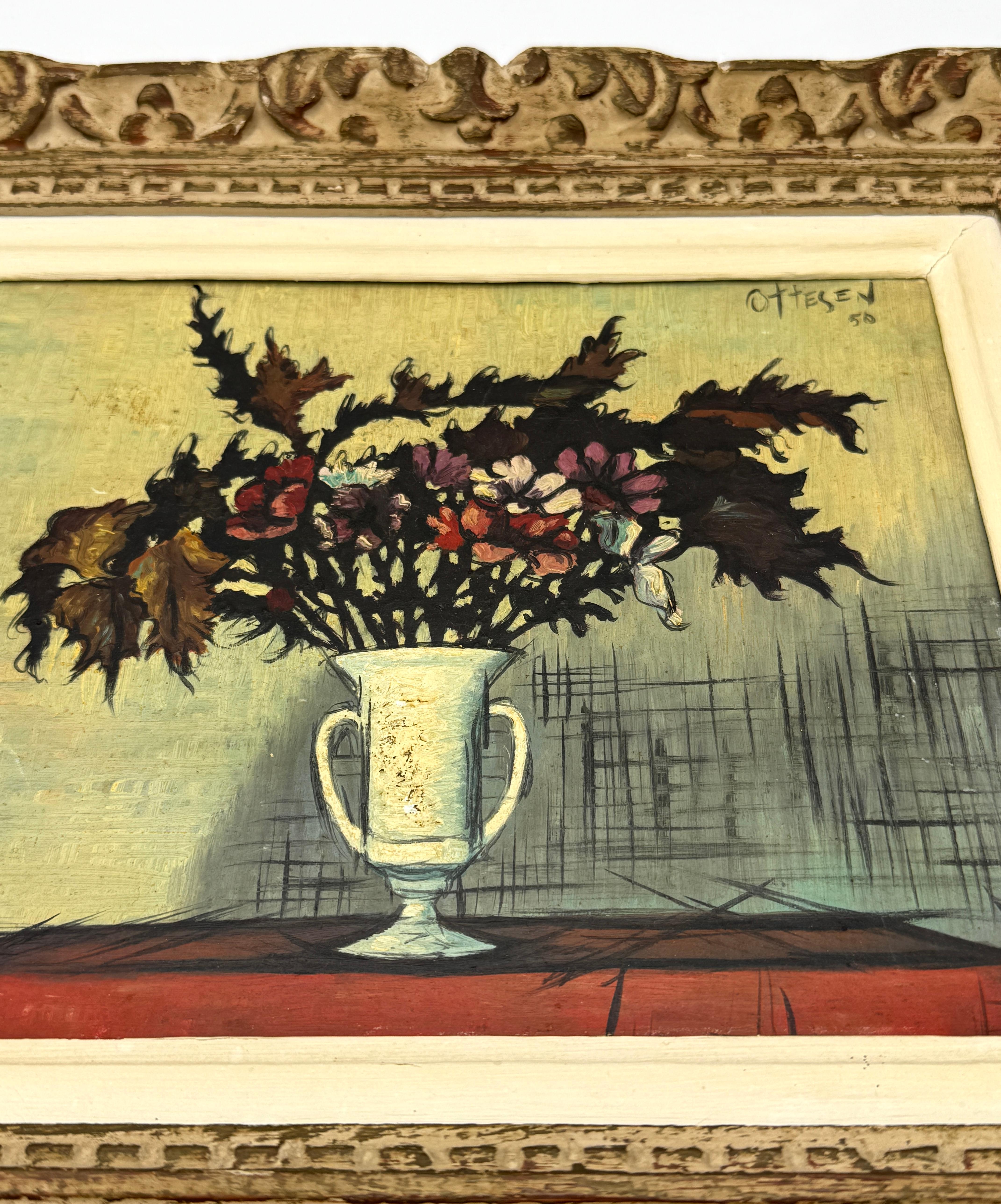 Mid-Century Modern Peinture à l'huile du milieu du siècle Nature morte aux fleurs dans un vase blanc Signée et datée en vente