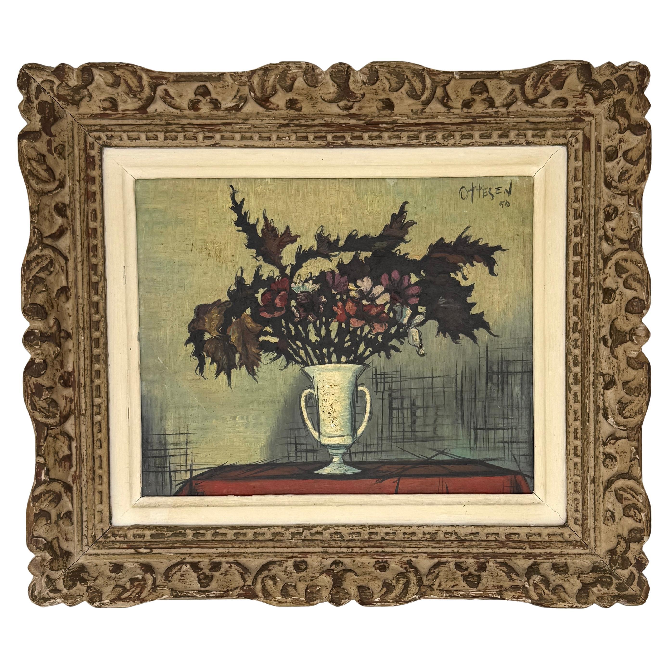 Mid -Century Oil Painting Still Life Flowers In White Vase Signed and dated
