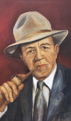 Midcentury Oil Portrait "Man W/ Pipe" by Helen Burke, circa 1955