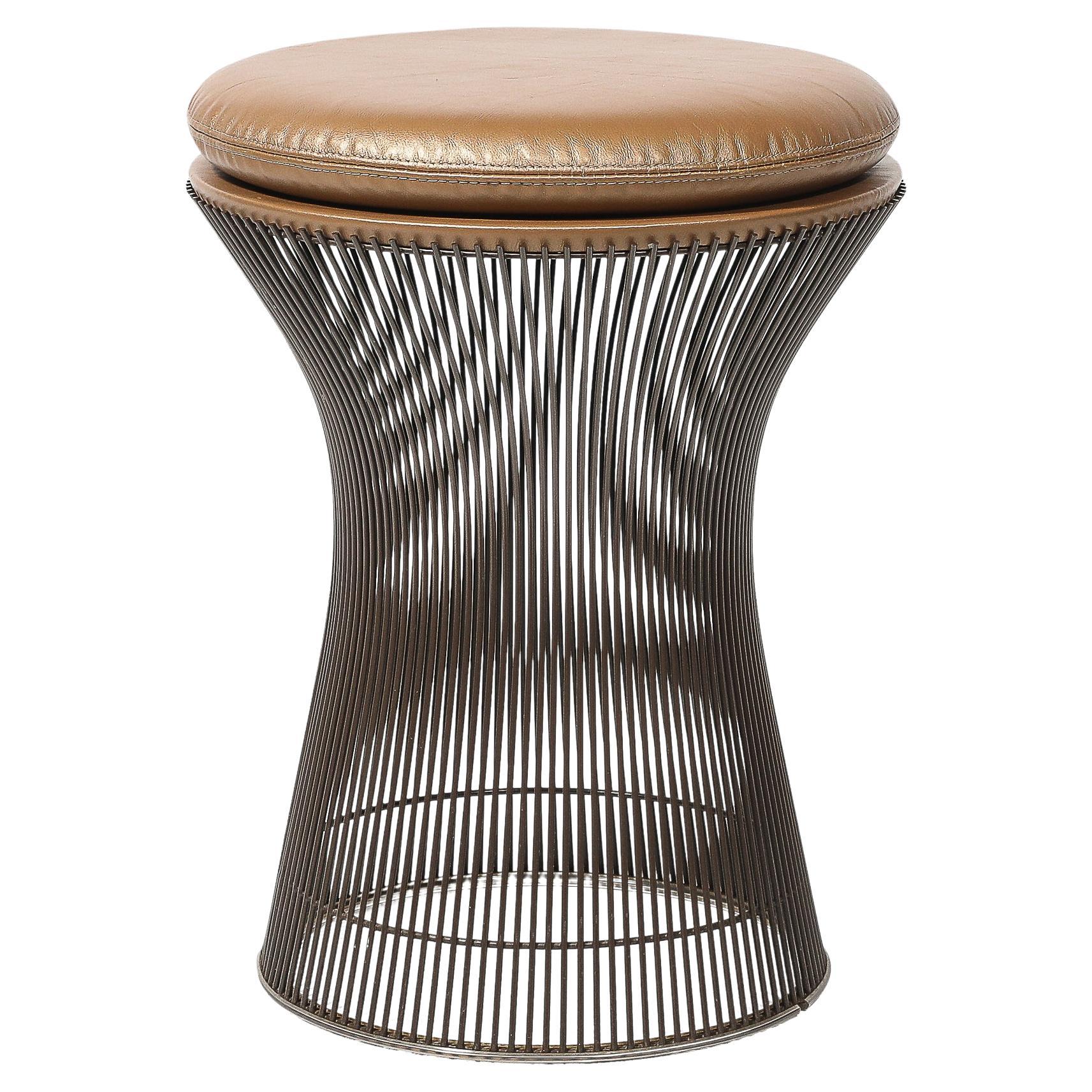 Tabouret en bronze huilé du milieu du siècle dernier en cuir Holly Hunt de Warren Platner