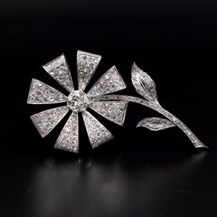 Mid-Century Old Brilliant Cut Diamond Flower Floral Brooch White Gold Portuguese