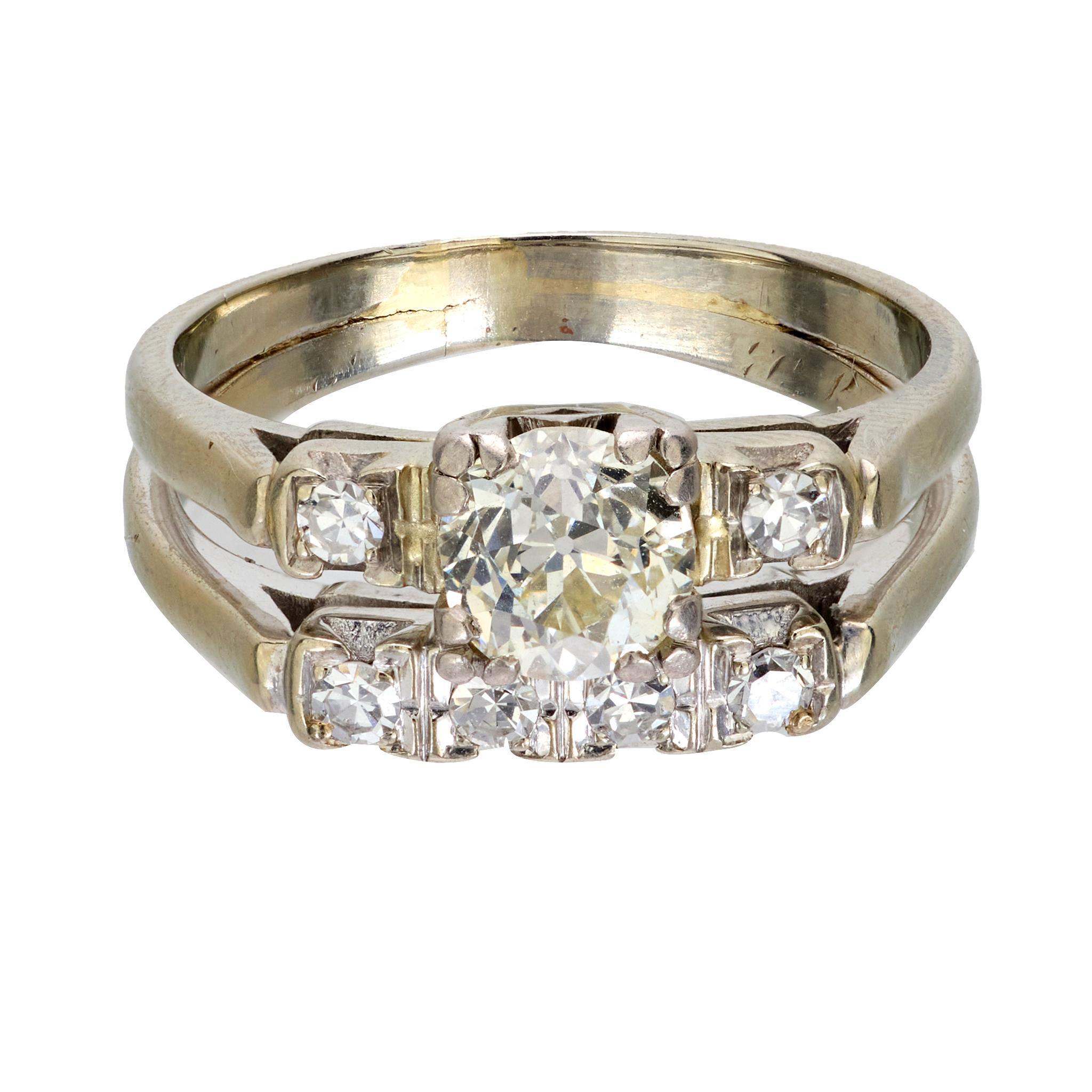Modern Mid Century old cut diamond 18k white gold engagement ring set For Sale