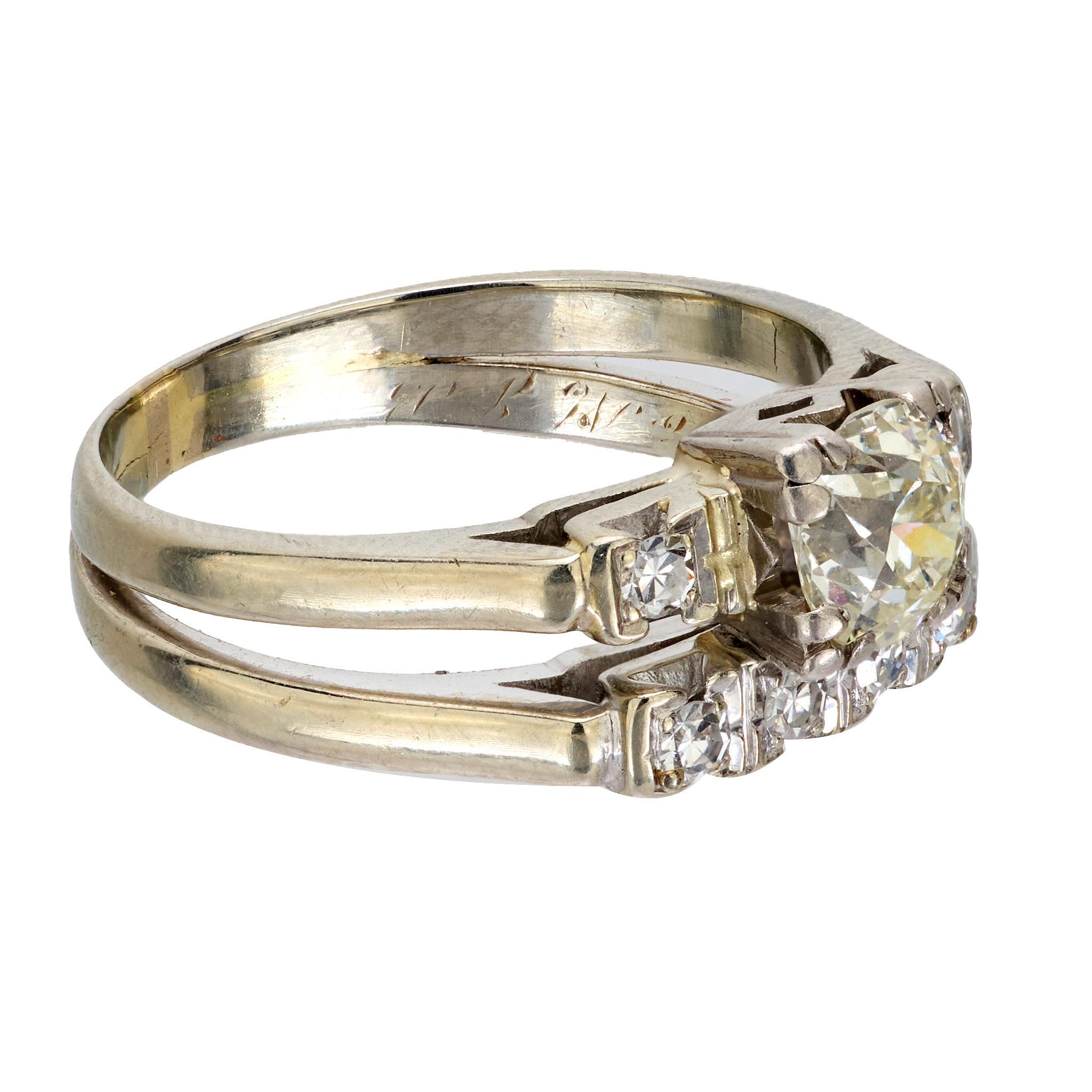 Old European Cut Mid Century old cut diamond 18k white gold engagement ring set For Sale