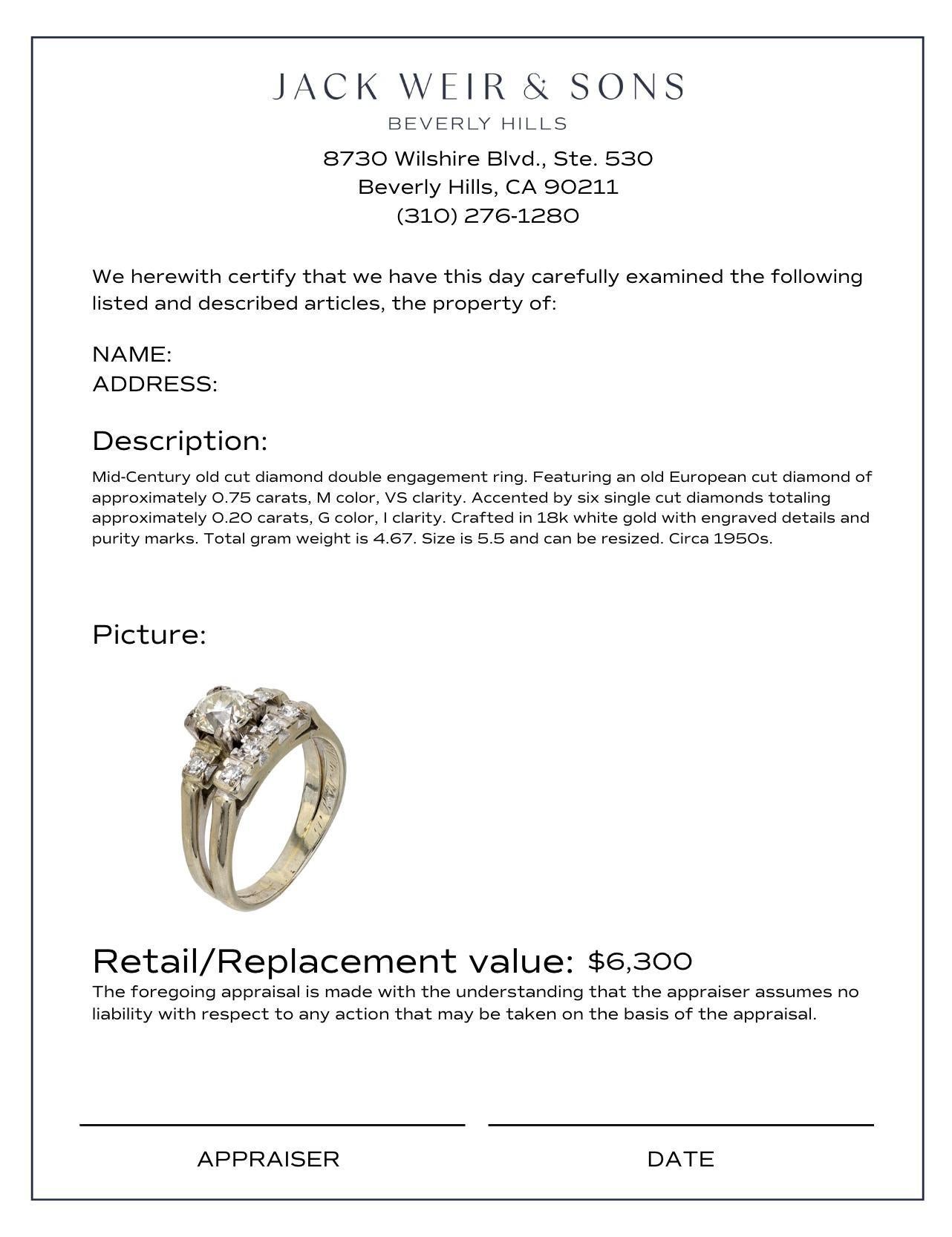 Mid Century old cut diamond 18k white gold engagement ring set In Excellent Condition For Sale In Beverly Hills, CA