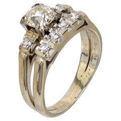 Mid Century alt geschliffener Diamant 18k Weißgold Verlobungsring Set