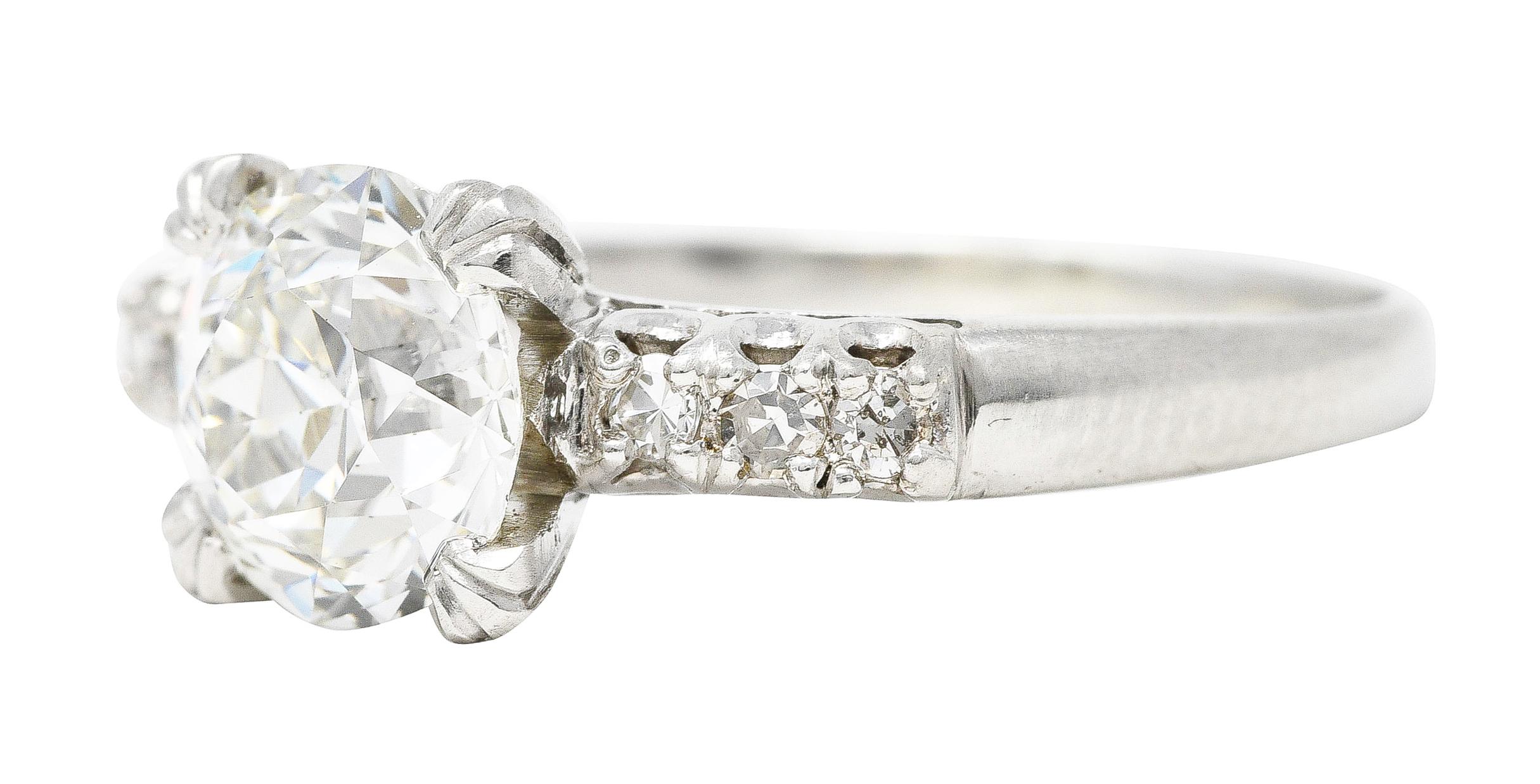 Mid-Century Old European 1.45 Carats Diamond Platinum Fishtail Engagement Ring In Excellent Condition In Philadelphia, PA