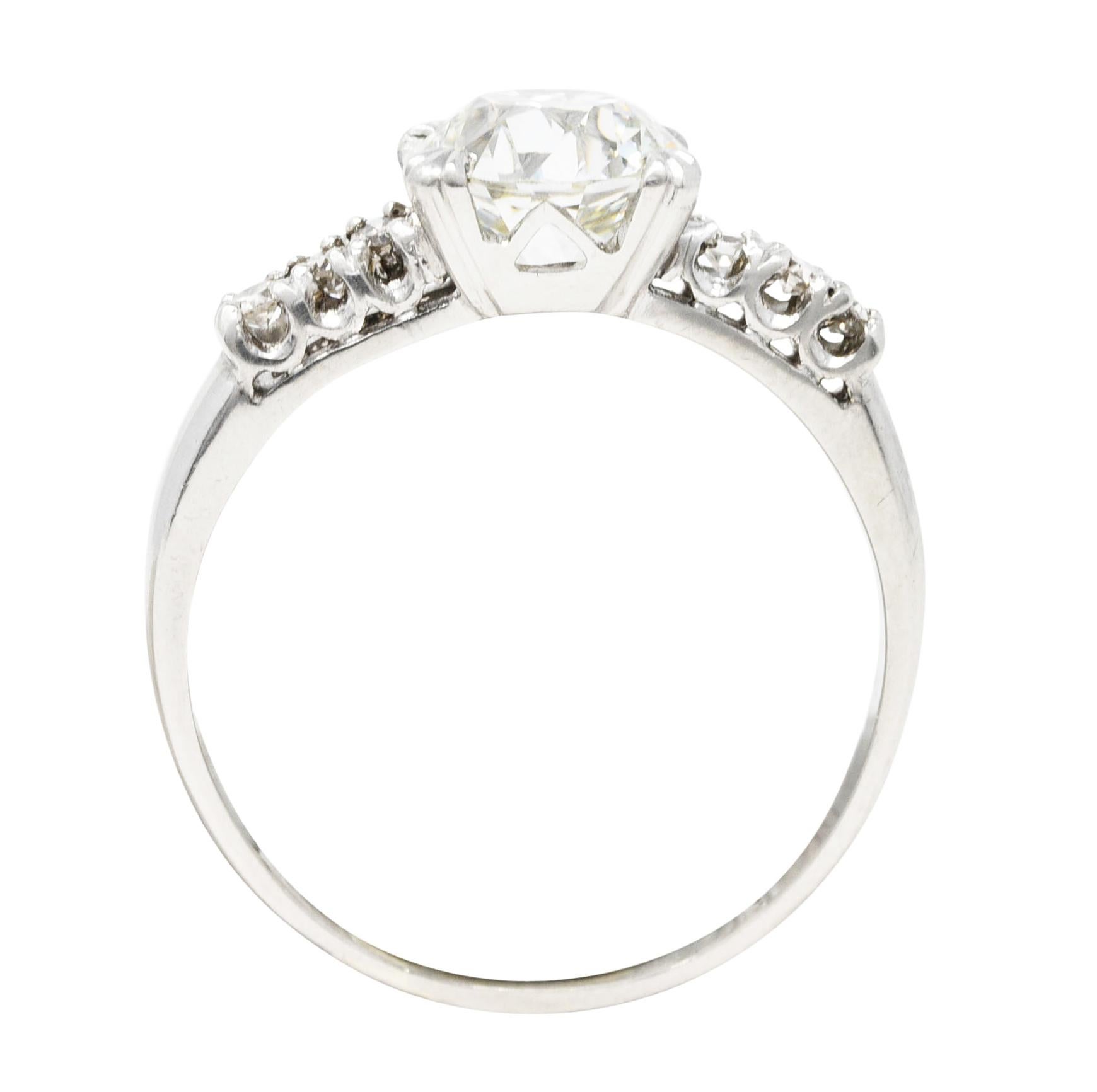 Women's or Men's Mid-Century Old European 1.45 Carats Diamond Platinum Fishtail Engagement Ring