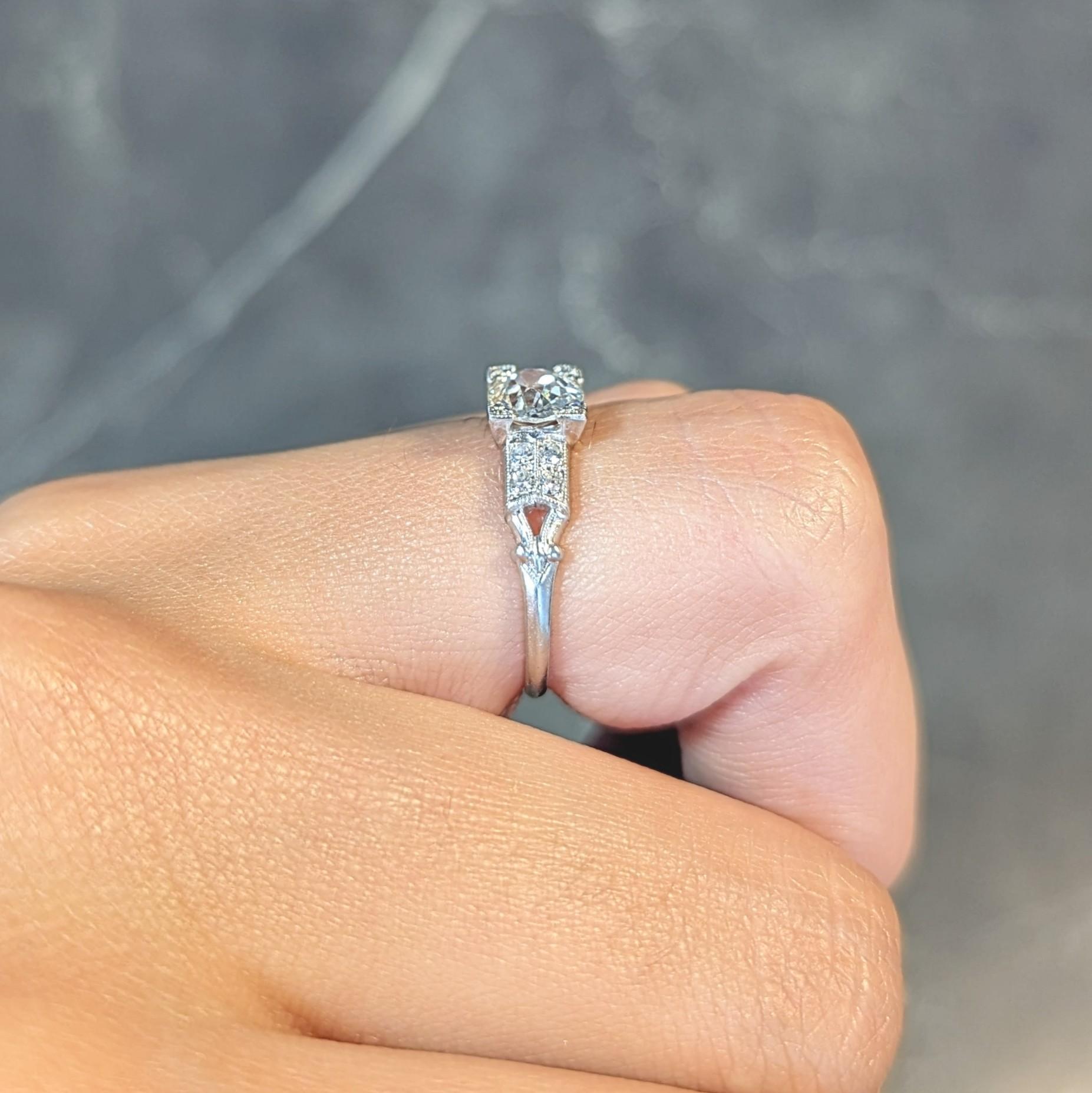 Mid-Century Old European Cut Diamond Platinum Vintage Engagement Ring For Sale 10
