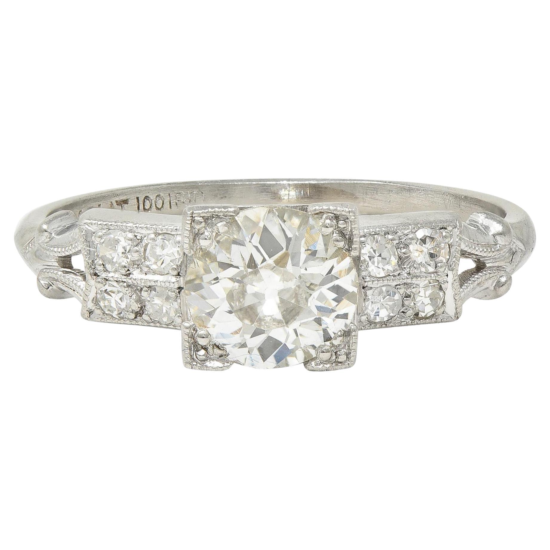 Mid-Century Old European Cut Diamond Platinum Vintage Engagement Ring For Sale