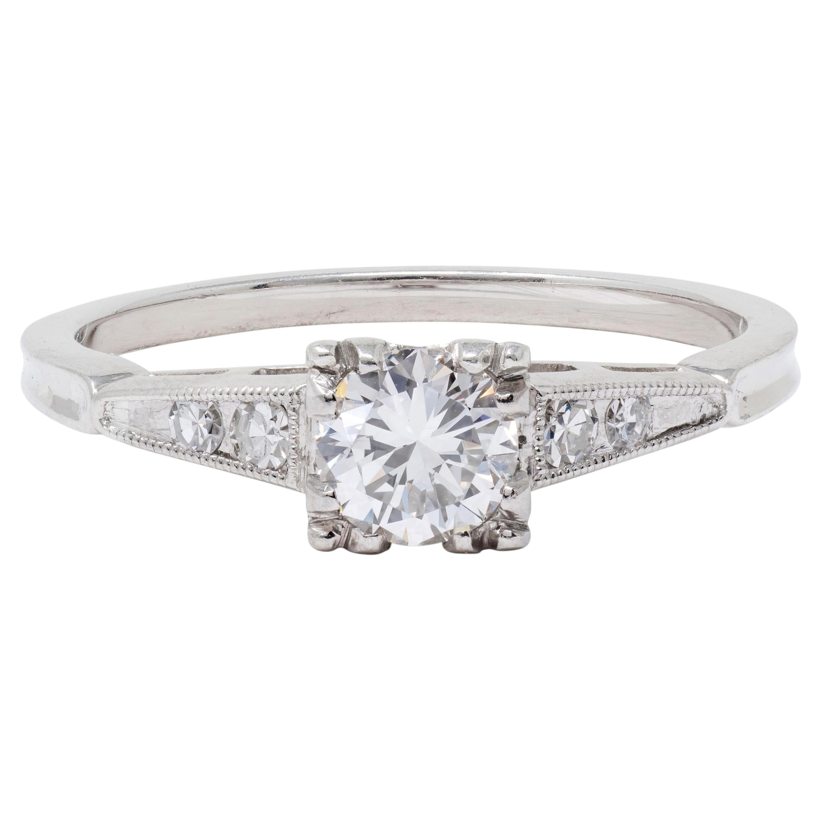 Mid-Century Old European Cut Diamond Platinum Vintage Engagement Ring