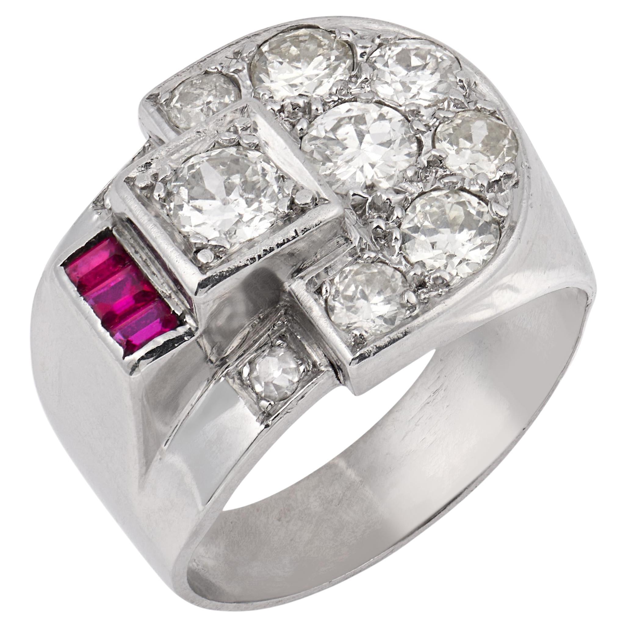 Mid Century Old European cut diamond ruby platinum buckle ring