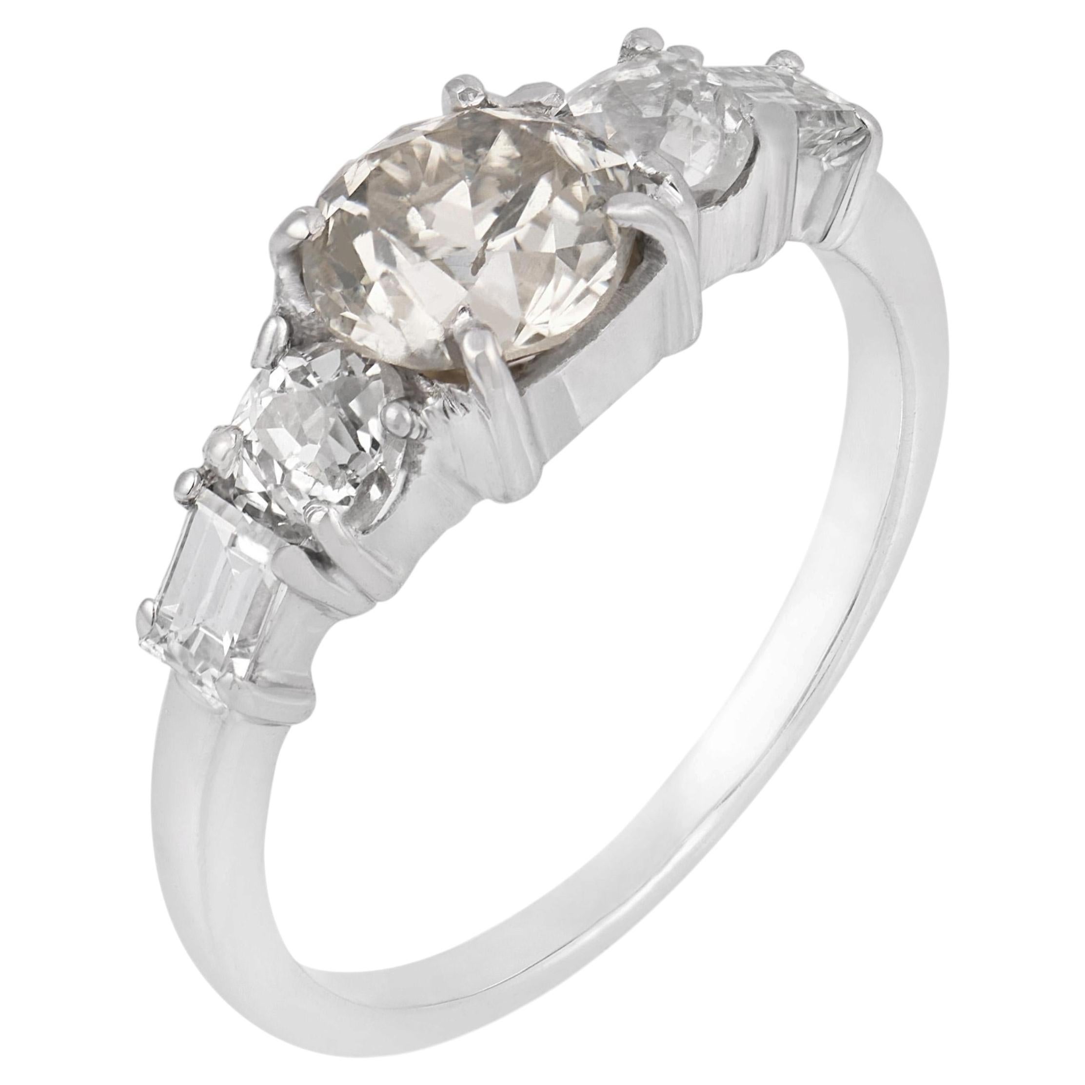 Mid Century old European diamond 18k white gold engagement ring For Sale
