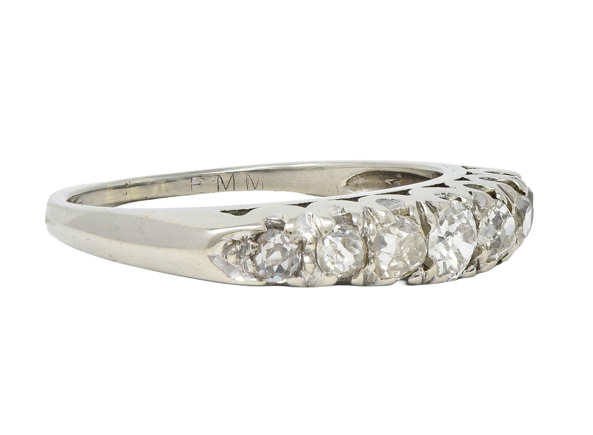 Mid-Century Old Mine Cut Diamond 14 Karat White Gold Vintage Fishtail Band Ring In Excellent Condition For Sale In Philadelphia, PA
