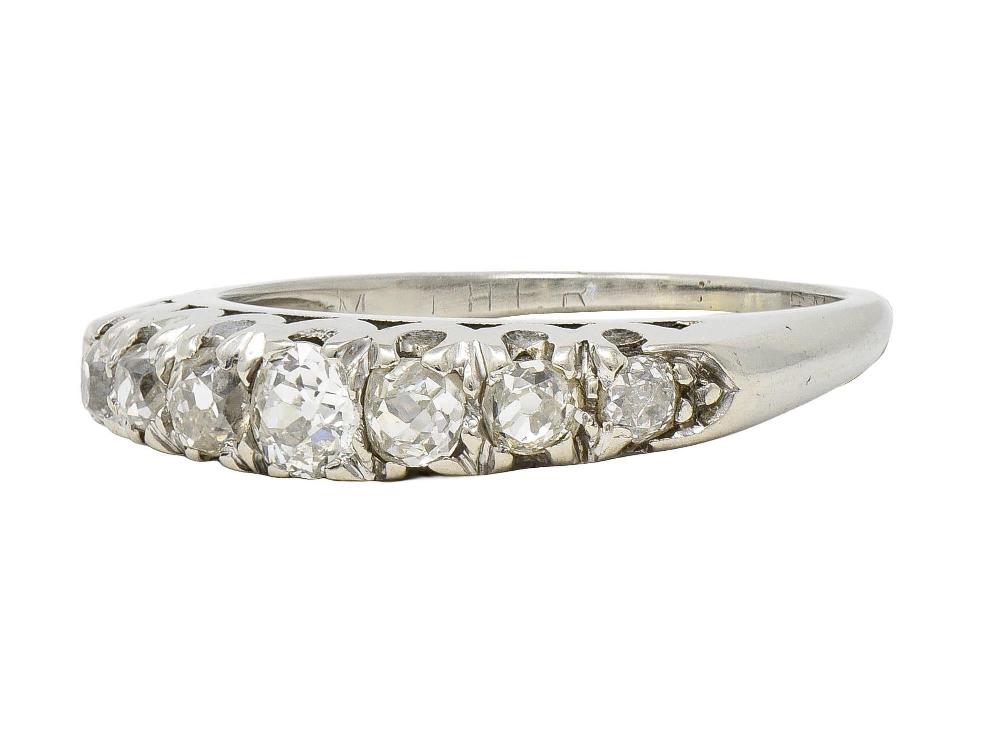 Mid-Century Old Mine Cut Diamond 14 Karat White Gold Vintage Fishtail Band Ring For Sale 1