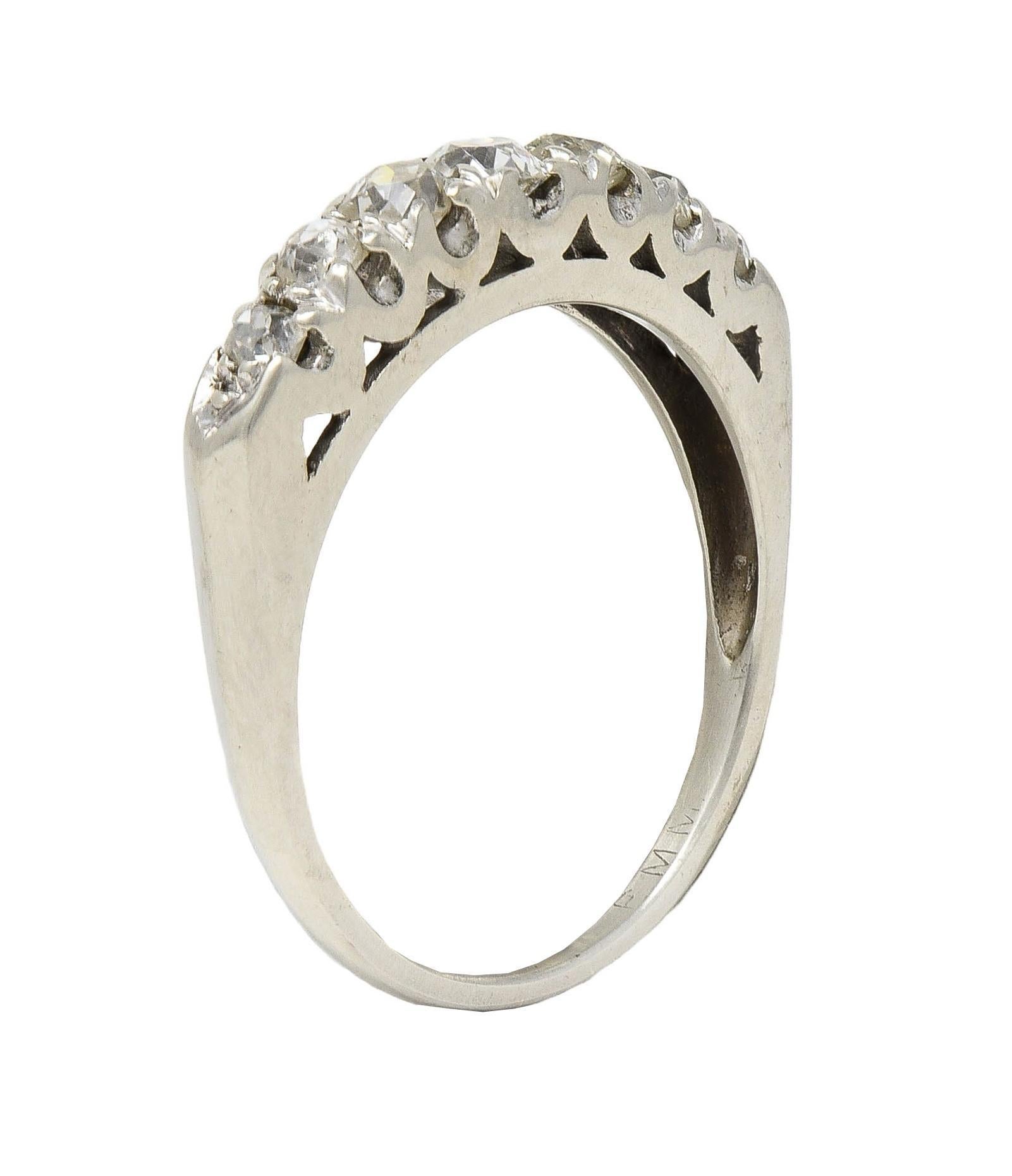 Mid-Century Old Mine Cut Diamond 14 Karat White Gold Vintage Fishtail Band Ring For Sale 4