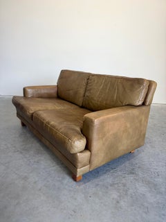 Mid Century Olive Buffalo Leather and Rosewood Loveseat after Arne Norell